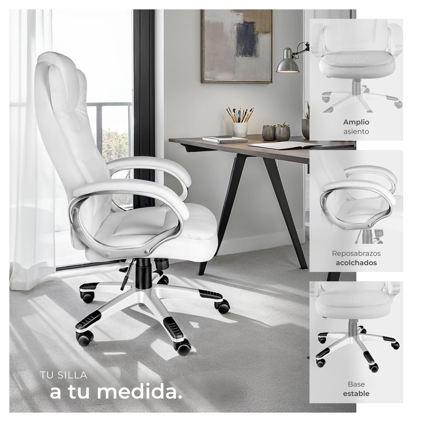tectake® Silla EJECUTIVA DE DISEÑO, Silla Giratoria Oficina, Sillón Ergonómico con Acolchado, Altura Ajustable, Silla Oficina Ergonomica, Sillas Escritorio - Blanco