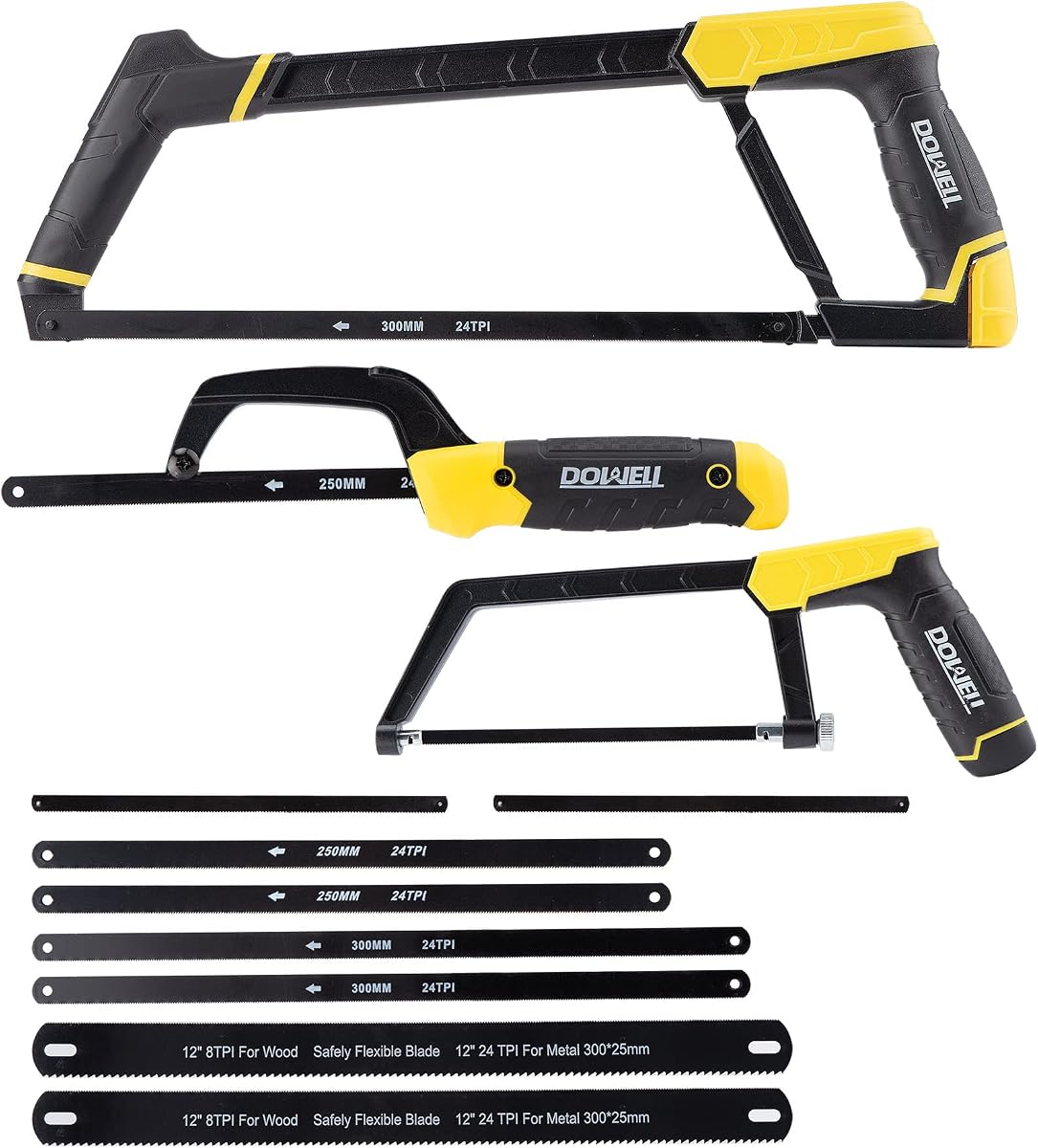 Hacksaw Set, 3 Pcs Hack Saws for Metal, 12",10",6" & 8 Extra Blades | 3 hacksaws (12",10",6") + 8 extra blades, carbon steel blades, aluminum alloy frame, 90°/45° cutting, ergonomic non-slip grip