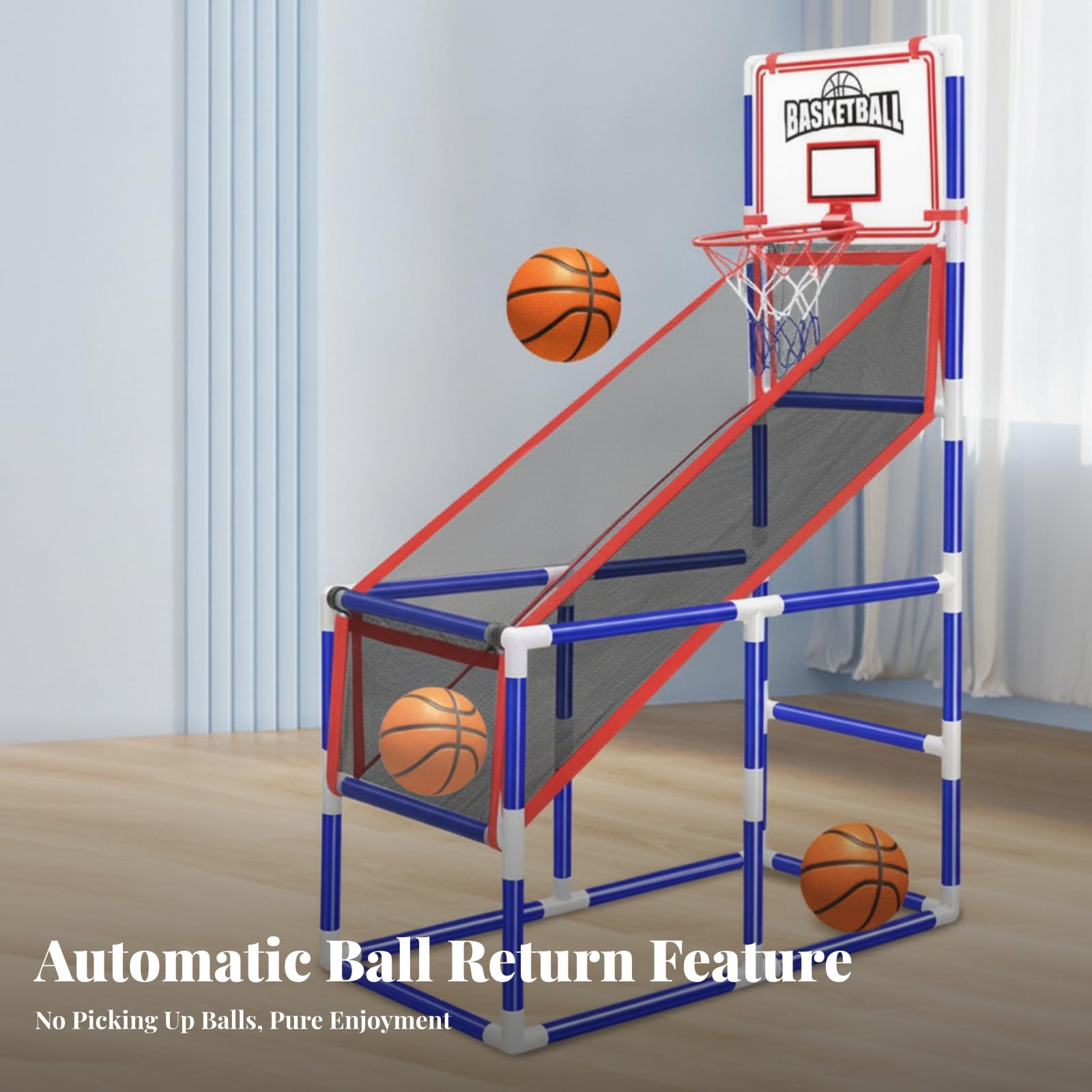 Macchina Canestro Giocattolo Bambini Gioco Basket con Canestro Tabellone Rampa di Ritorno E Restituzione Palla Automatica 4 Palloni E Pompa Adatta per Casa Giardino Compleanni