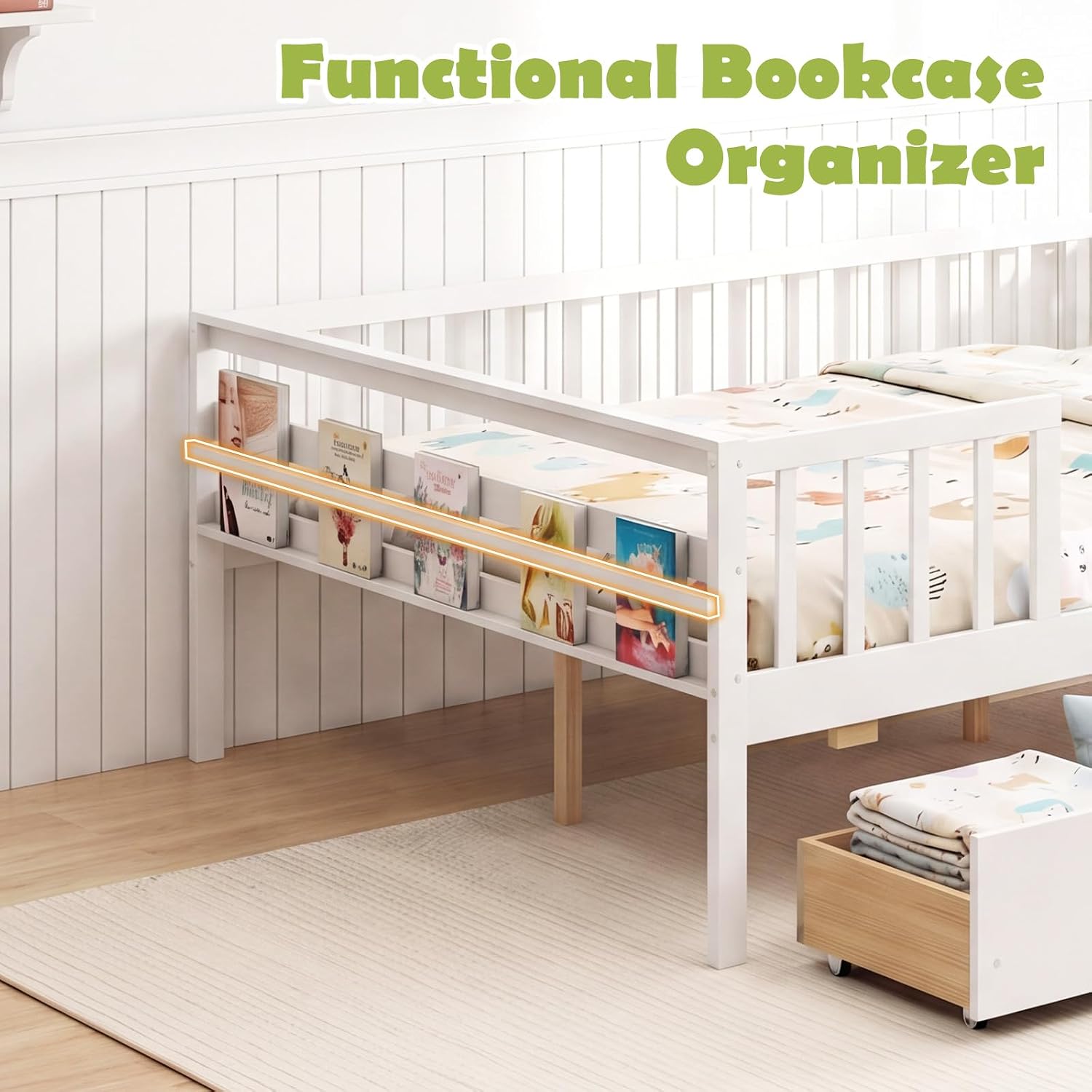 Functional bookcase organizer on the side of the bed