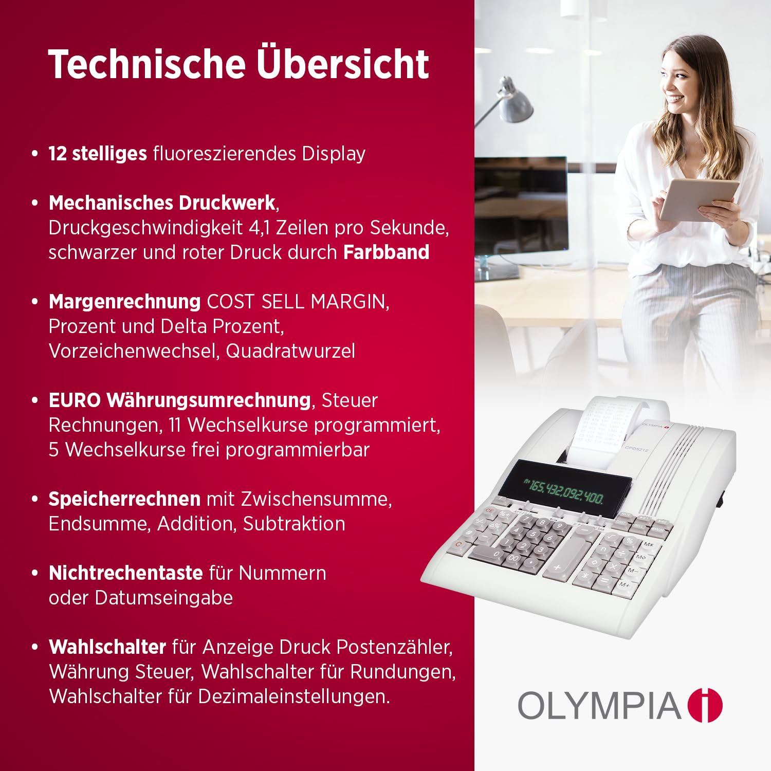 Olympia CPD 5212 Tischrechner mit 2-Farb-Druck 12-stellig 4,1 Zeilen/Sek. Rechenmaschine