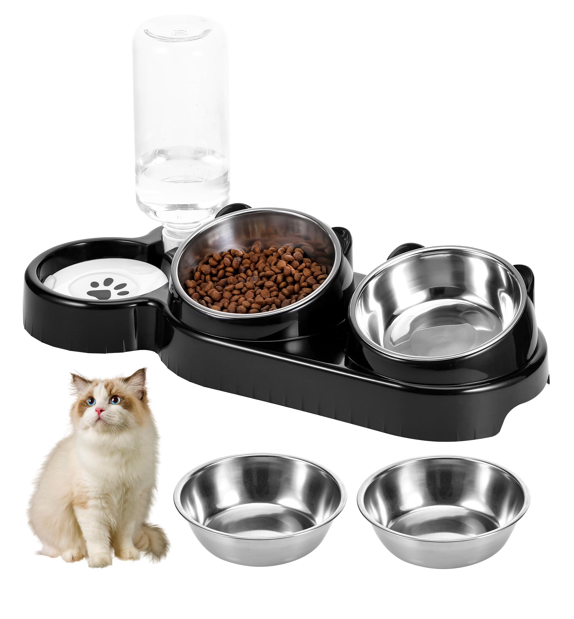 TranRantic 3-in-1 Cat Bowl, Cat Food and Water Bowl Set, Four Cat Bowls, 15°Tilted Stainless Steel Cat Bowls with with Water Dispenser, Raised Pet Feeding Station for Cats and Small Dogs (Black)