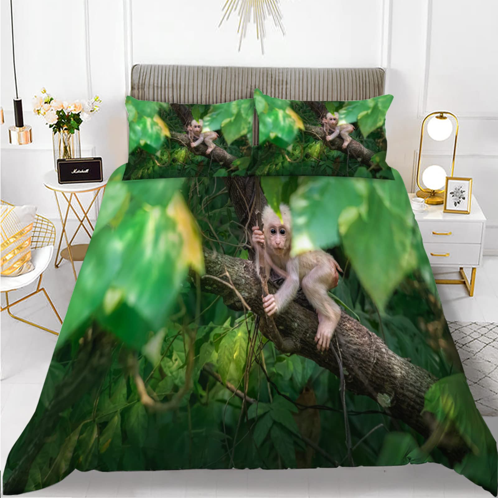 Parure de lit 220x240 singe vert anti-plis en microfibre douce pour un sommeil réparateur