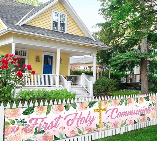 Miniatura 4 de Cartel rosa de la primera comunión de 9.8 x 1.6 pies, pancarta de primera comunión para bebé, bautismo, fiesta, patio, jardín, decoración de primera