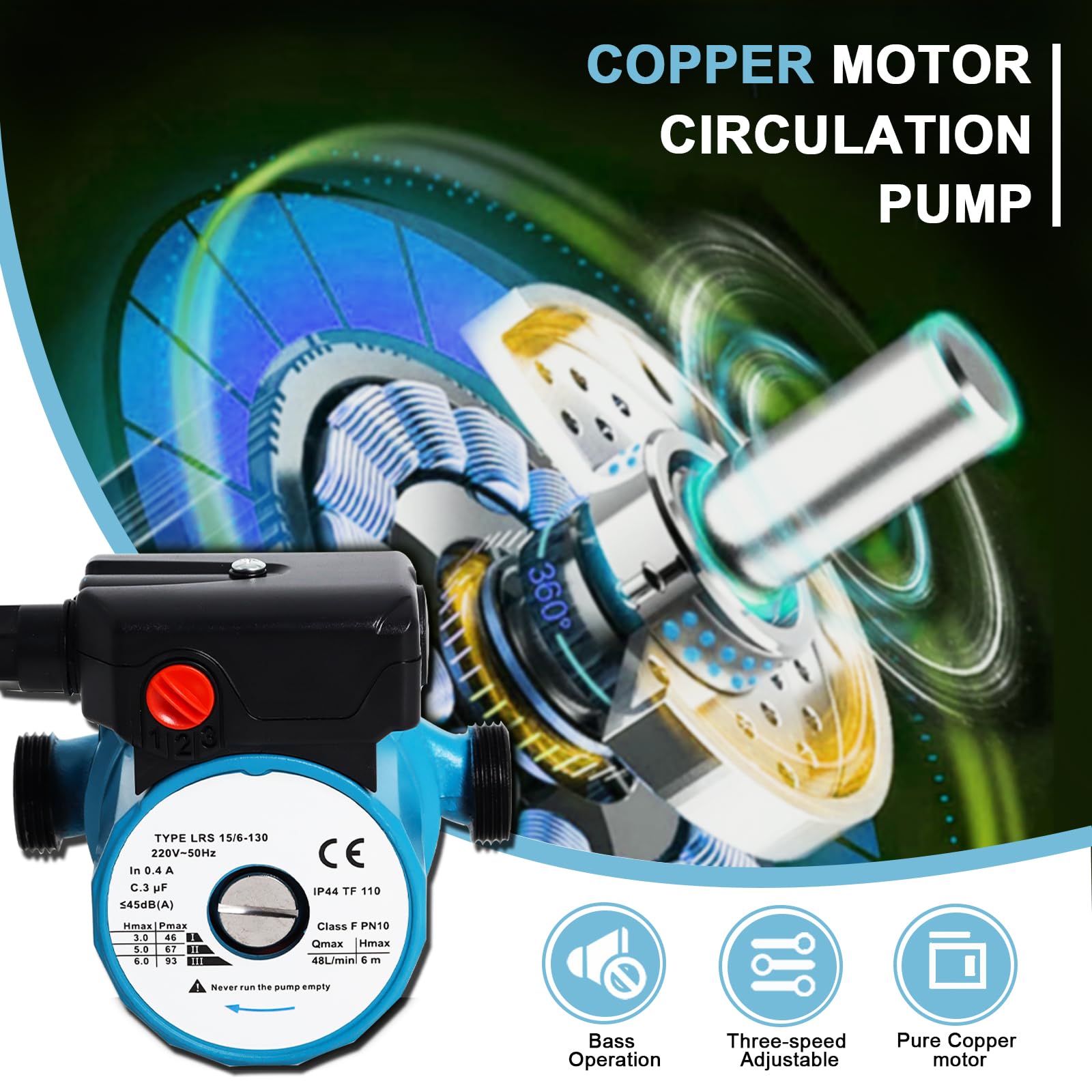 Gekufa Circulateur Chauffage LRS15/6-130, Pompe de Circulation 220V, Circulateur Eau Chaude Sanitaire à Trois Vitesses 46/67/93W, Circulateur Chauffage Central Max Tête 6m
