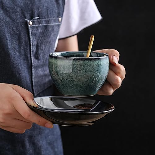 Miniatura 3 de Taza de café de porcelana con cuchara, diseño vintage de cerámica latte Art capuchino barista taza de té espresso con platillo (11.6 onzas, 11.8 fl