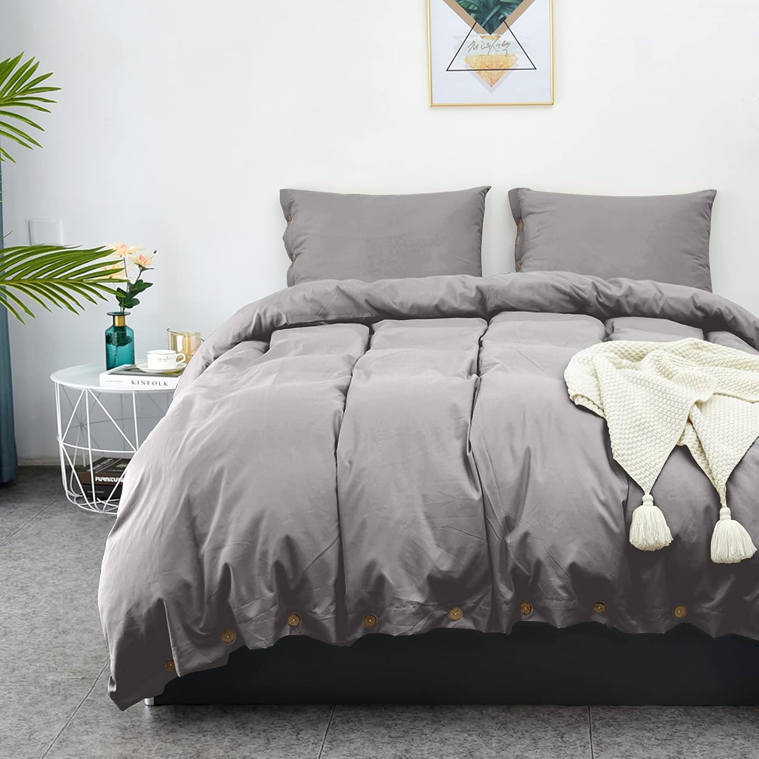 LHKIS Duvet Cover King, Light Grey Farmhouse Duvet Cover Set, Soft Microfiber Comforter Cover Hotel Button Bedding Duvet Cover 3 Pieces