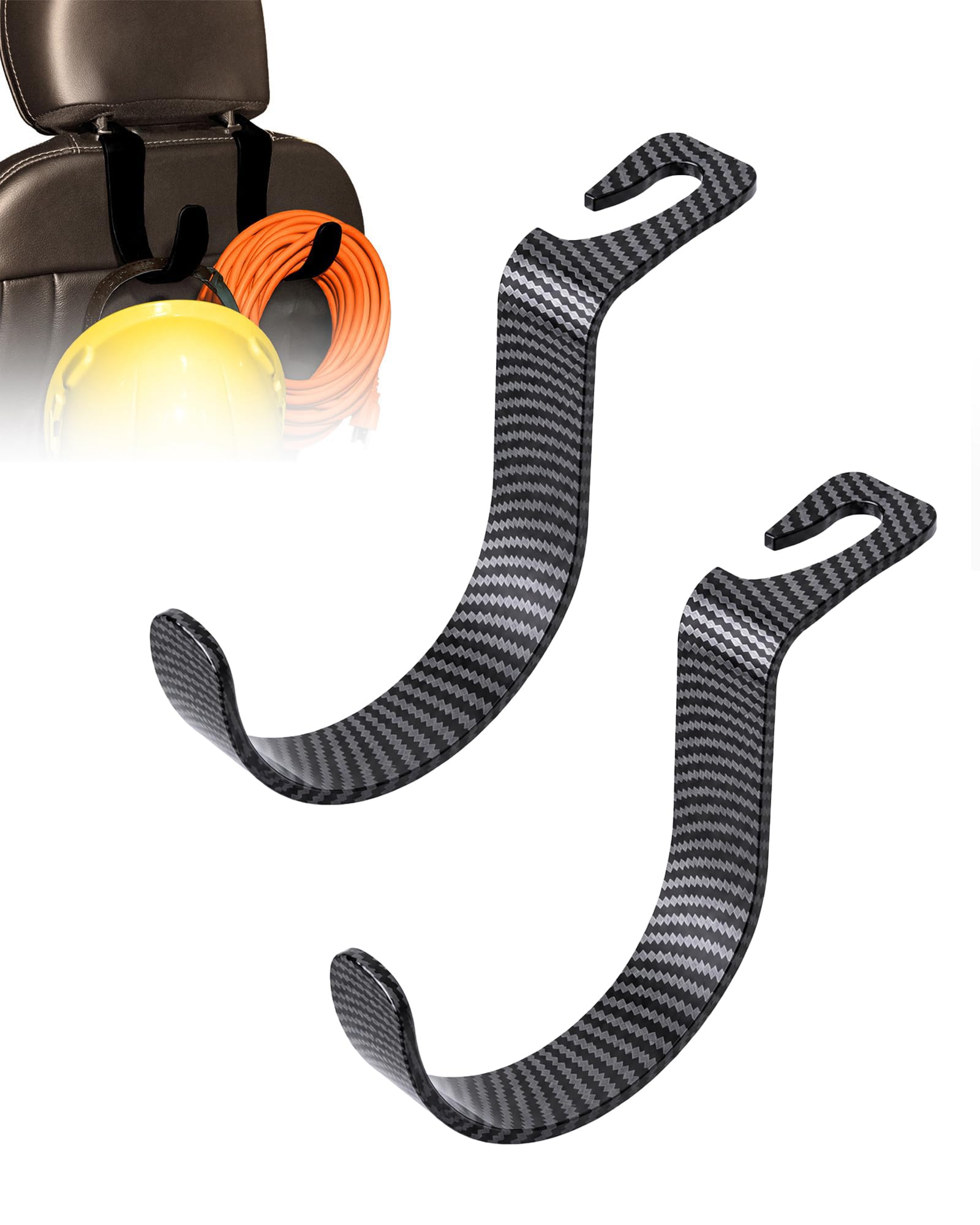 XL Hard Hat Holder for Truck, Carbon Fiber Style Headrest Hooks, 2PK