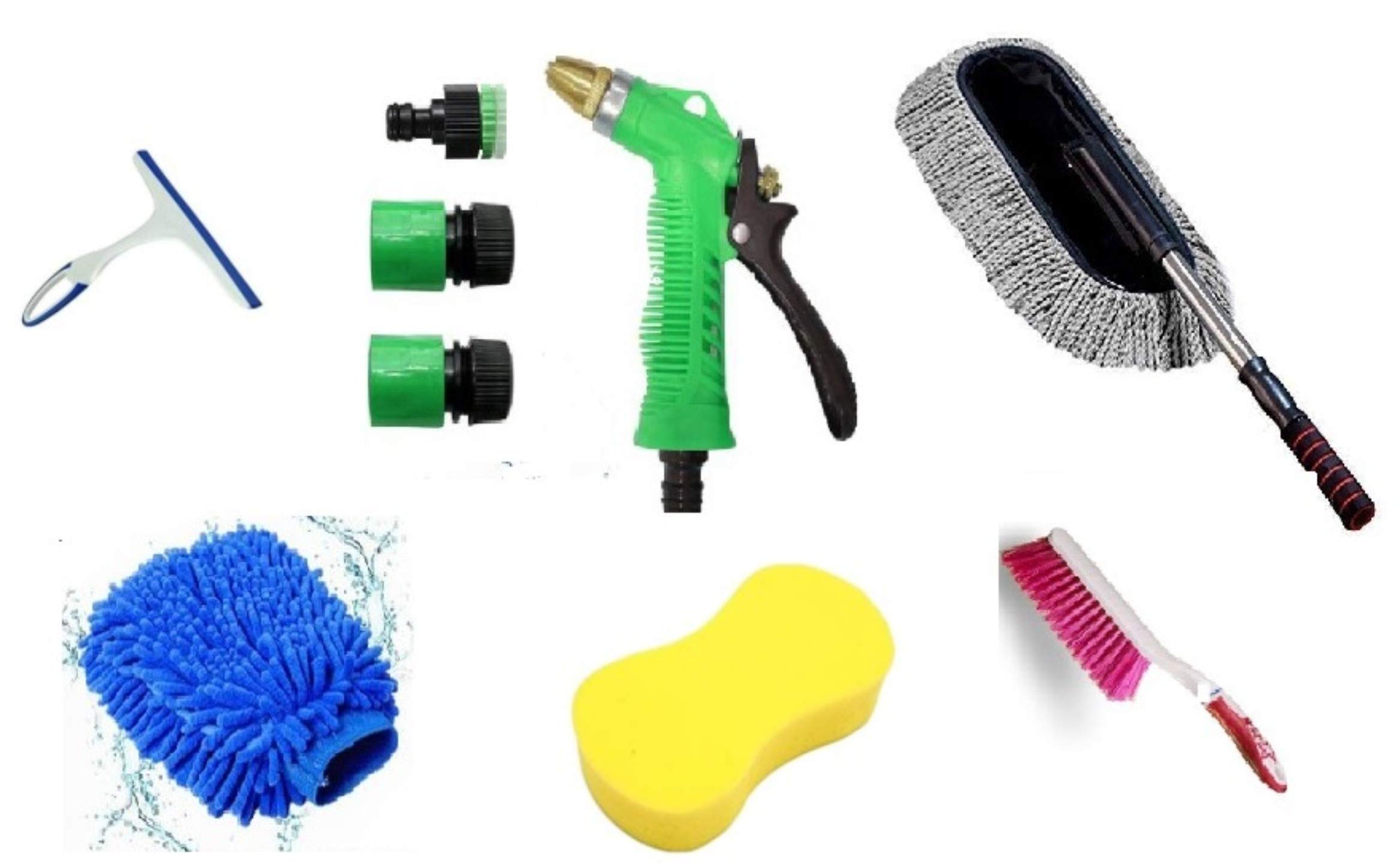 car Cleaning Accessories car Cleaning Combo car Cleaning kit Combo Pack of 6/Microfiber Duster/Spray Gun with Connector/Hand Gloves/Magic Sponge/Brush& Wiper-Full car Accessories Washing kit-image-46