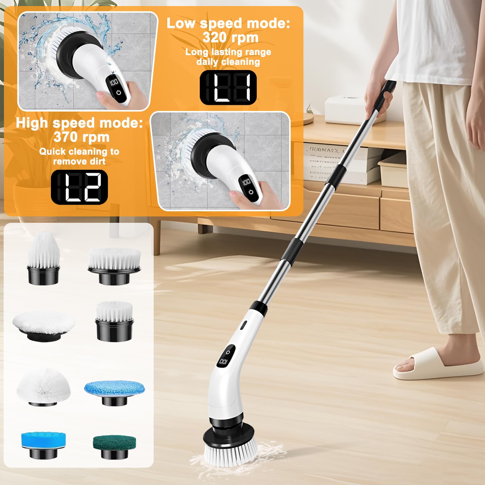 Brosse Rotative Nettoyage Electrique avec 8 Têtes Remplaçables, Brosse sans Fil Poignée Réglable 2 Vitesses, Brosse Douche pour Salle Bain, Sol, Cuisine, Carrelage, Baignoire, Voiture (Blanc)