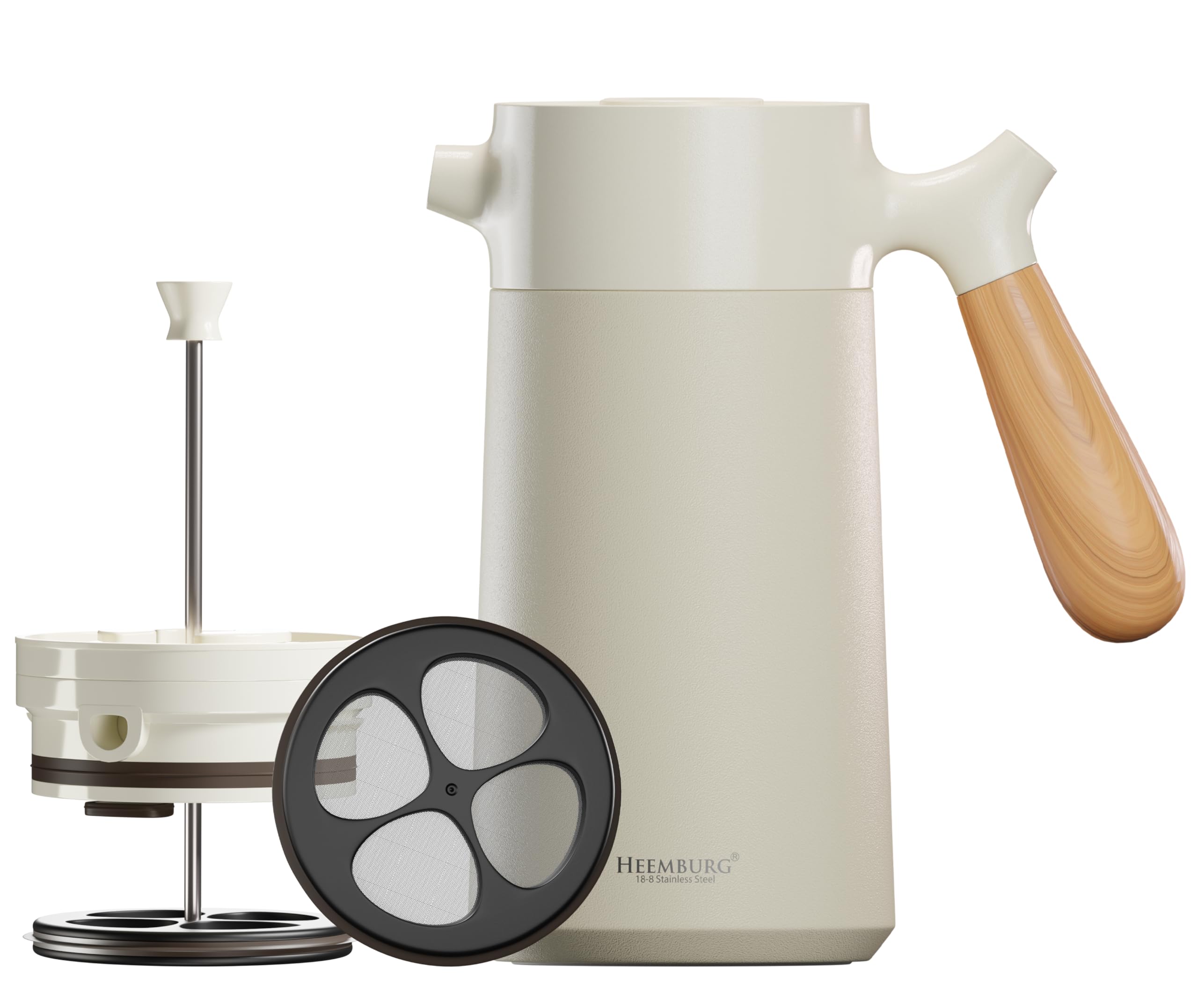 HEEMBURG Thermo French Press 1L (8 Tassen) | Premium Edelstahl Kaffeepresse & Teebereiter | 6h Doppelwandige Isolierung | inkl. Ersatzfilter & Bambuslöffel Geschenkset | Zuhause, Büro & Camping – Weiß