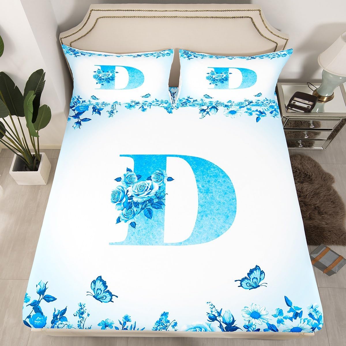 jejeloiu Blue Letter Flowers Bed Sheets Set Twin Size for Kids Teens Girls Woman Personalized Initial M Fitted Sheet Monogrammed Bedding Set Floral Rose Butterfly Bed Cover Room Decor Modern Fashion