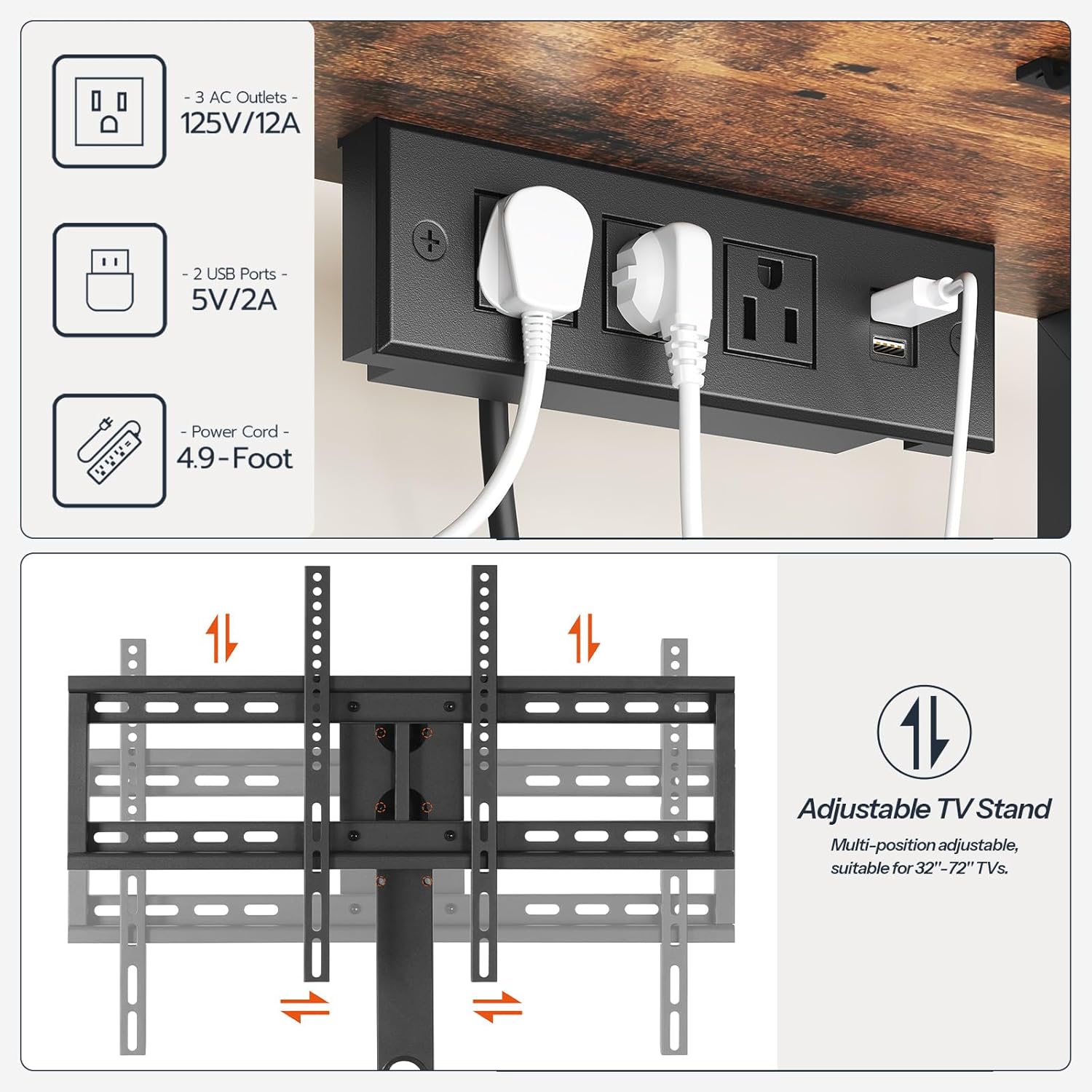 HOOBRO TV Stand with Mount and Power Outlet, LED Entertainment Center with Swivel Mount for 32/45/55/60/65/70/75 inch TVs, 3-Tier Storage Shelf for Living Room, Bedroom, Rustic Brown BF46UDDS01 - Image 3