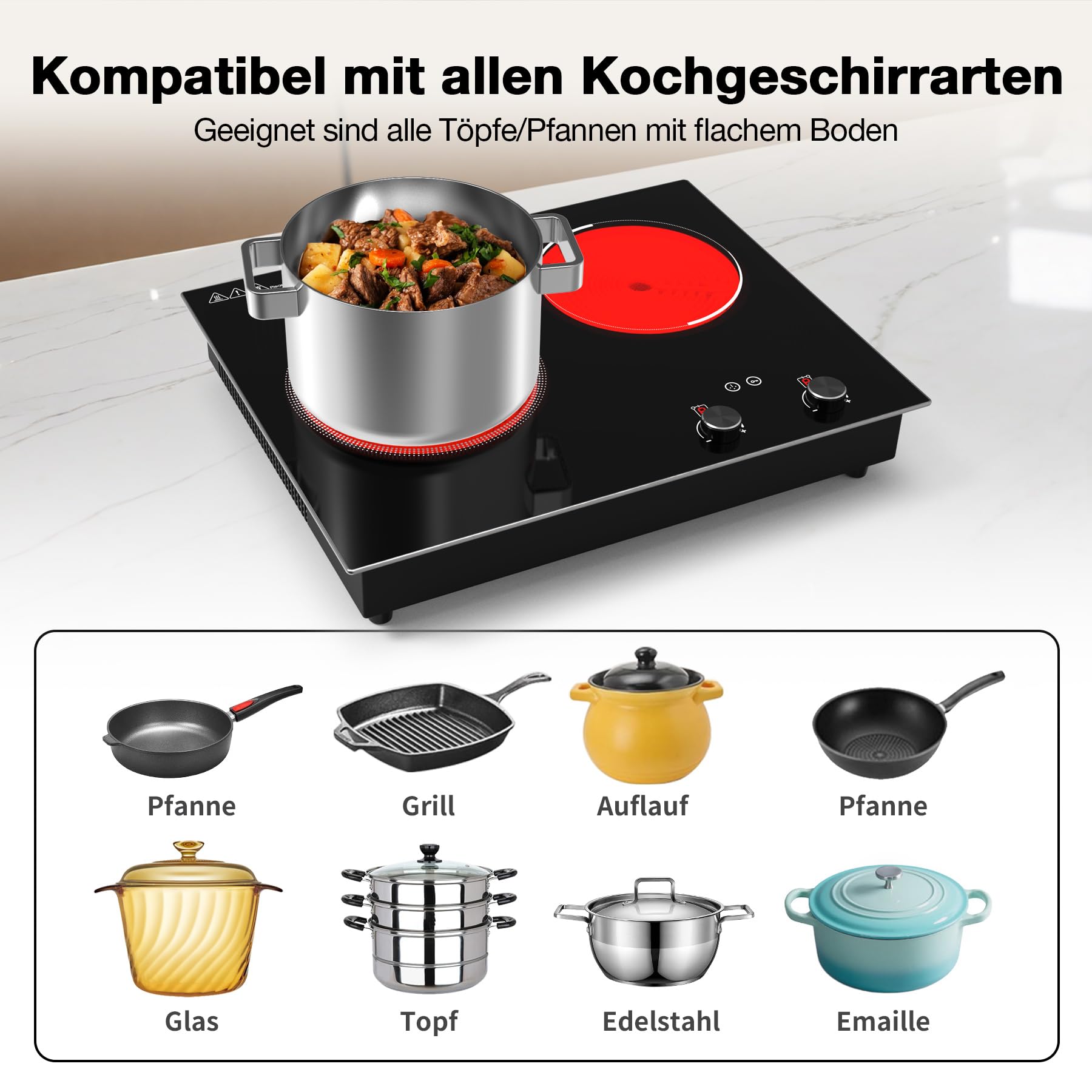VBGK Cerankochfeld 2 Platten 3000 W Einbau Kochfeld mit 9 Heizstufen Timer Kindersicherung LED-Touch-Steuerung