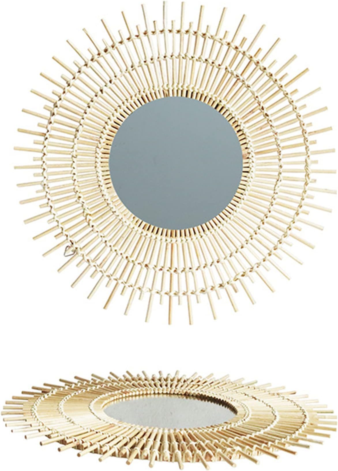 PROPFEBamboo Woven Wall Mirror, Natural Boho Hanging Wall Decor, Rustic Handmade Bohemian Art Decoration, for Dressing Living Room Bedroom,20inch