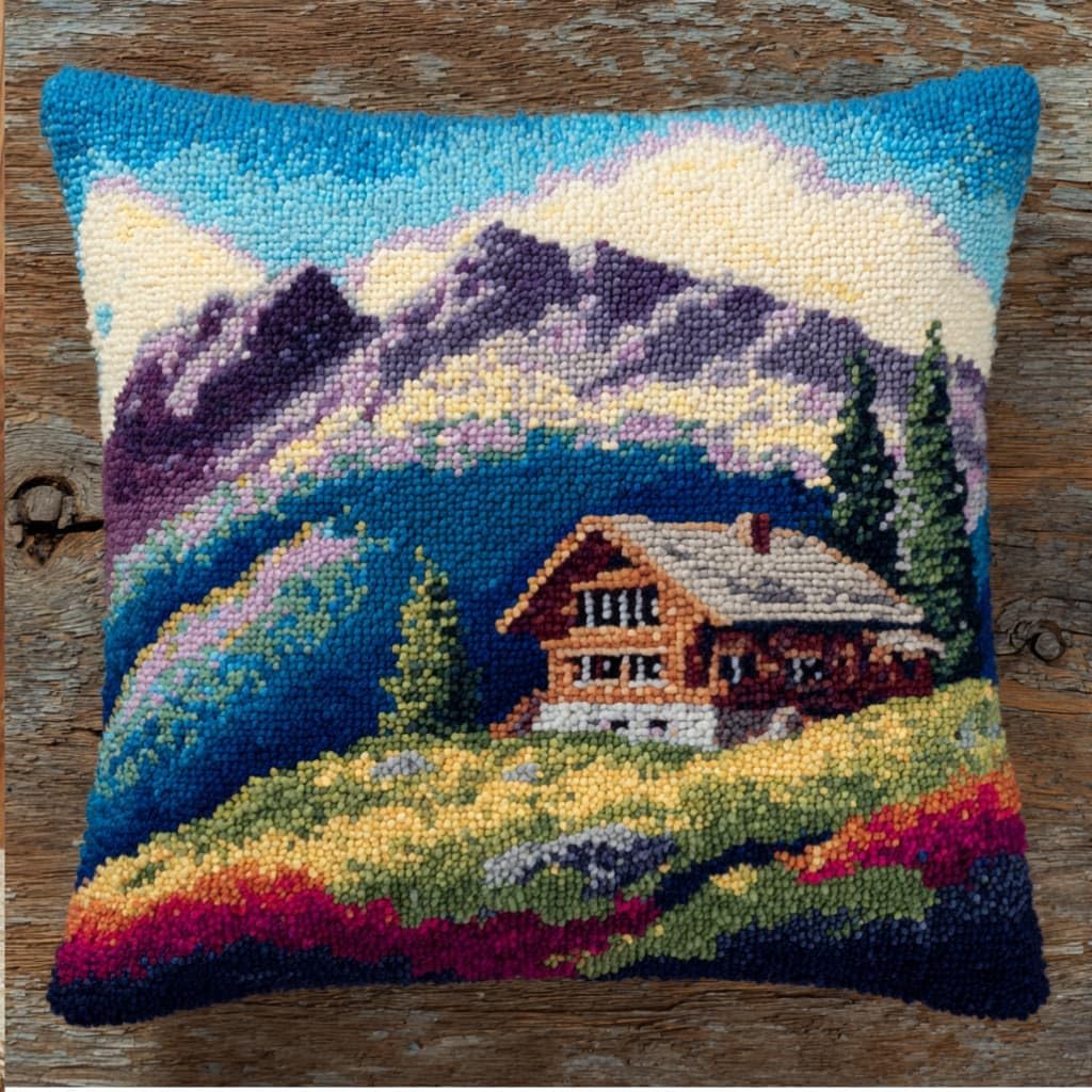 kitphoenix Latch Hook Kit Cushion Chalet 43X43Cm Handmade Knitted Cushion Material Package,Beginner Friendly DIY Craft Set,Home Decor Pillow