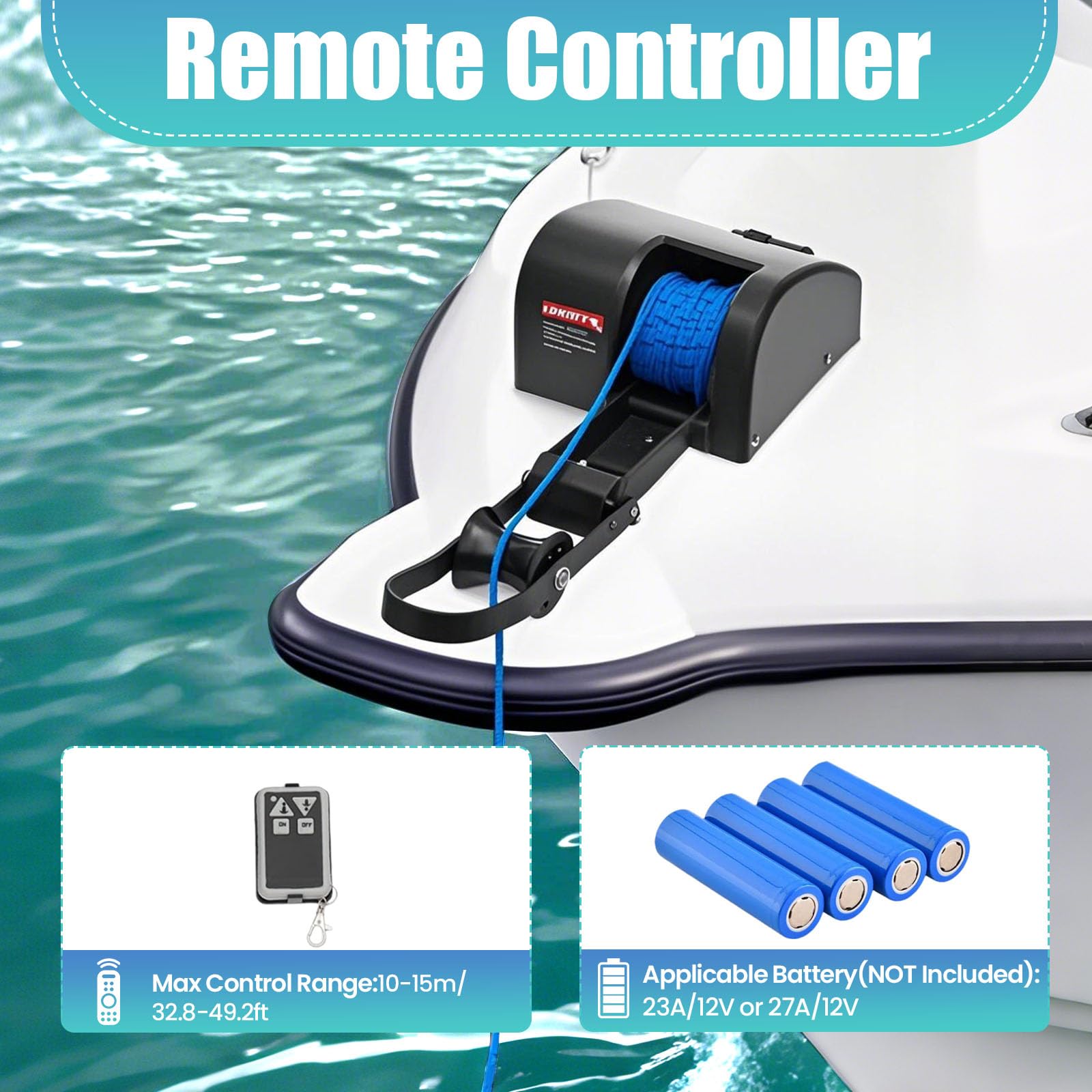 Kit verricello elettrico per ancora da barca da 12 V - Sistema di verricello marino per acqua salata ad alta resistenza con corda da 100 piedi e telecomando per barche da pesca e pontoni da 24 piedi