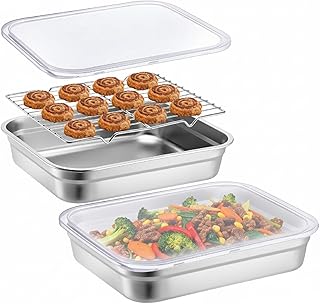 Stainless Steel Food Container with Lid Rack Thanksgiving Turkey Roasting Pan with Rack Half Size Hotel Pans Fruit Storage Containers for Home Kitchen Restaurant, 32 x 26 cm(2.6 Inch)
