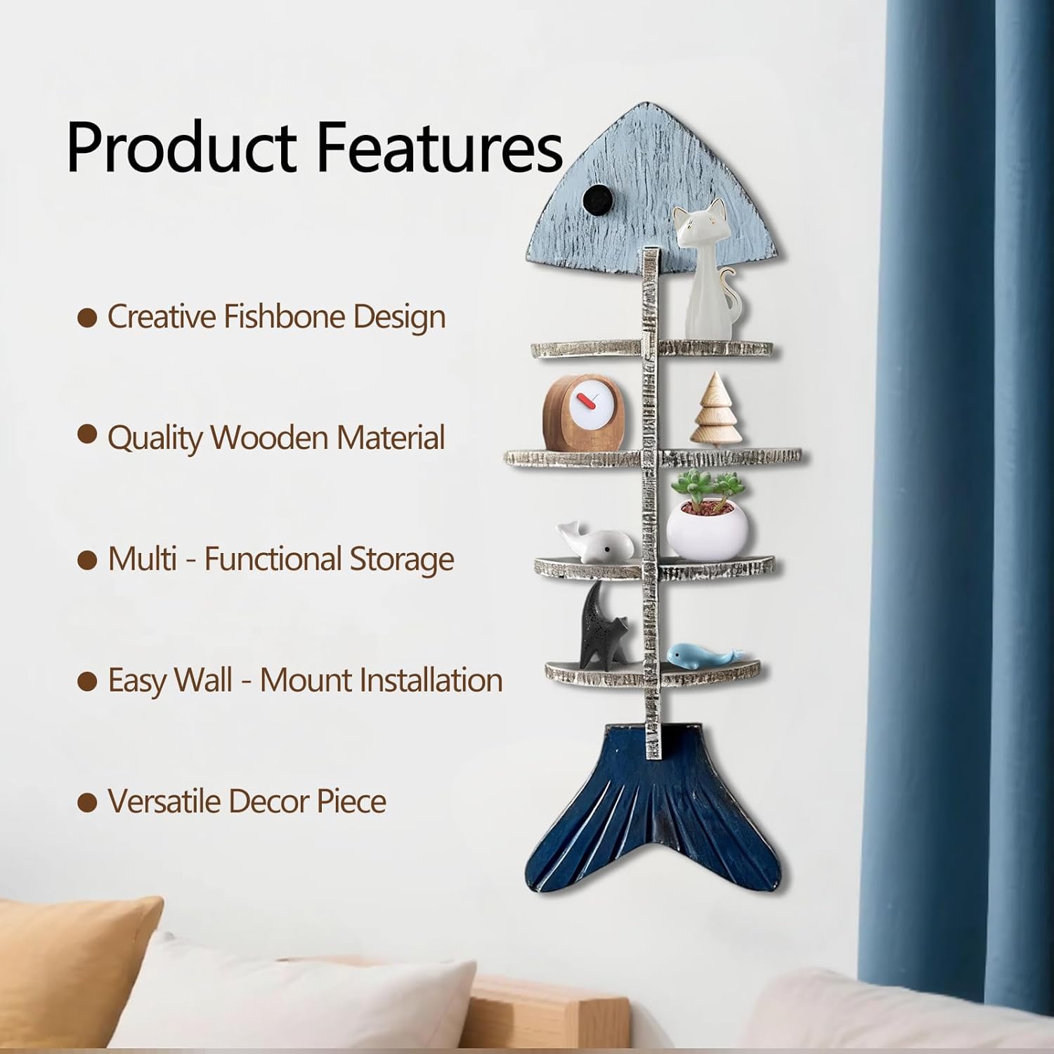 Wooden Fish Wall Shelf, Wood Fish Beach Decor Display Shelf, Nautical Coastal Style Wall - Mounted Organizer in Bedroom，Living Room，Lake House, Bathroom