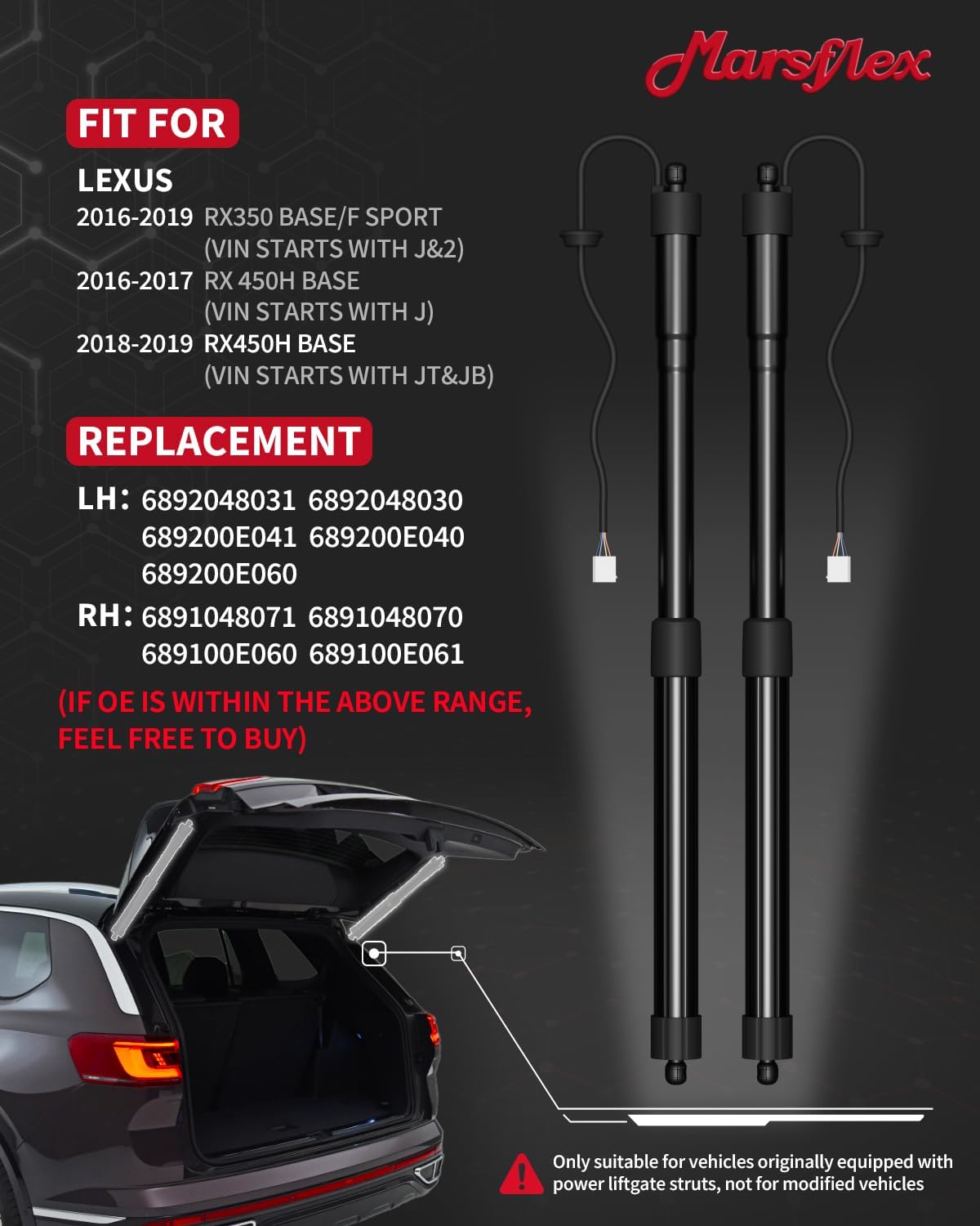Marsflex Liftgate Actuator Compatible with 2016-2019 Lexus RX350 RX450h 3.5L Electric Rear Hatch Lift Struts 1 Pair, 2Pcs Trunk Tailgate Power Shock Support Replacement 6892048030 6891048070