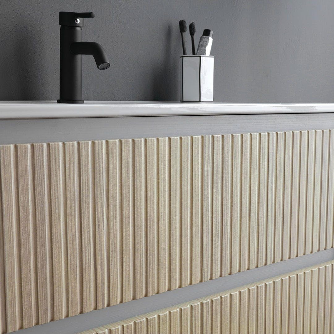 Kiamami Valentina - Mobile sospeso 100cm bianco con cassetti rovere cannettato e lavabo in ceramica | Bilbao