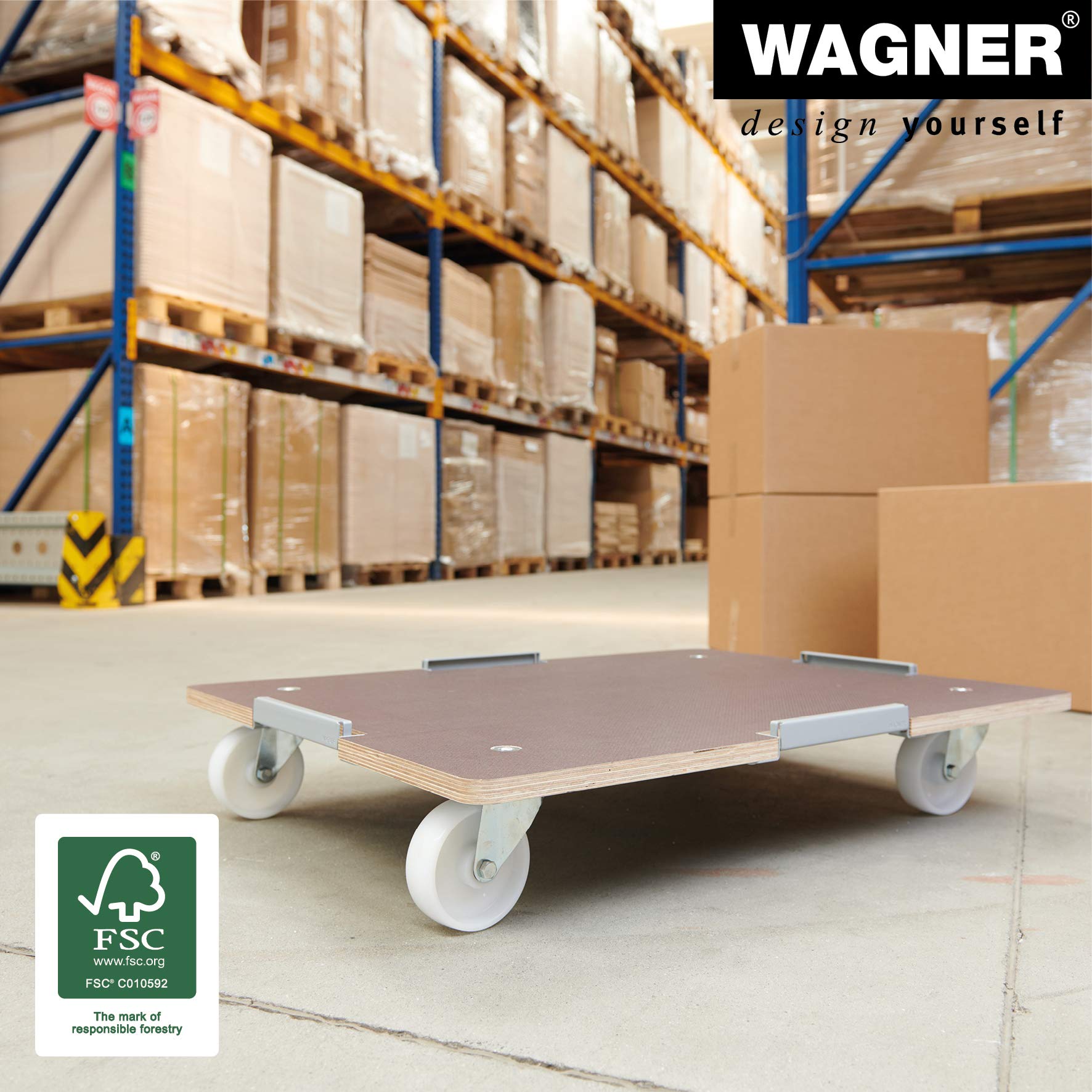 Wagner Chariot à roulettes MM 1379 I 80 x 60 x 13,5 cm - Charge 400 kg - pour conteneurs empilables lourdement chargés I sécurisation de la Charge I Surface antidérapante I certifié FSC® - 20137901