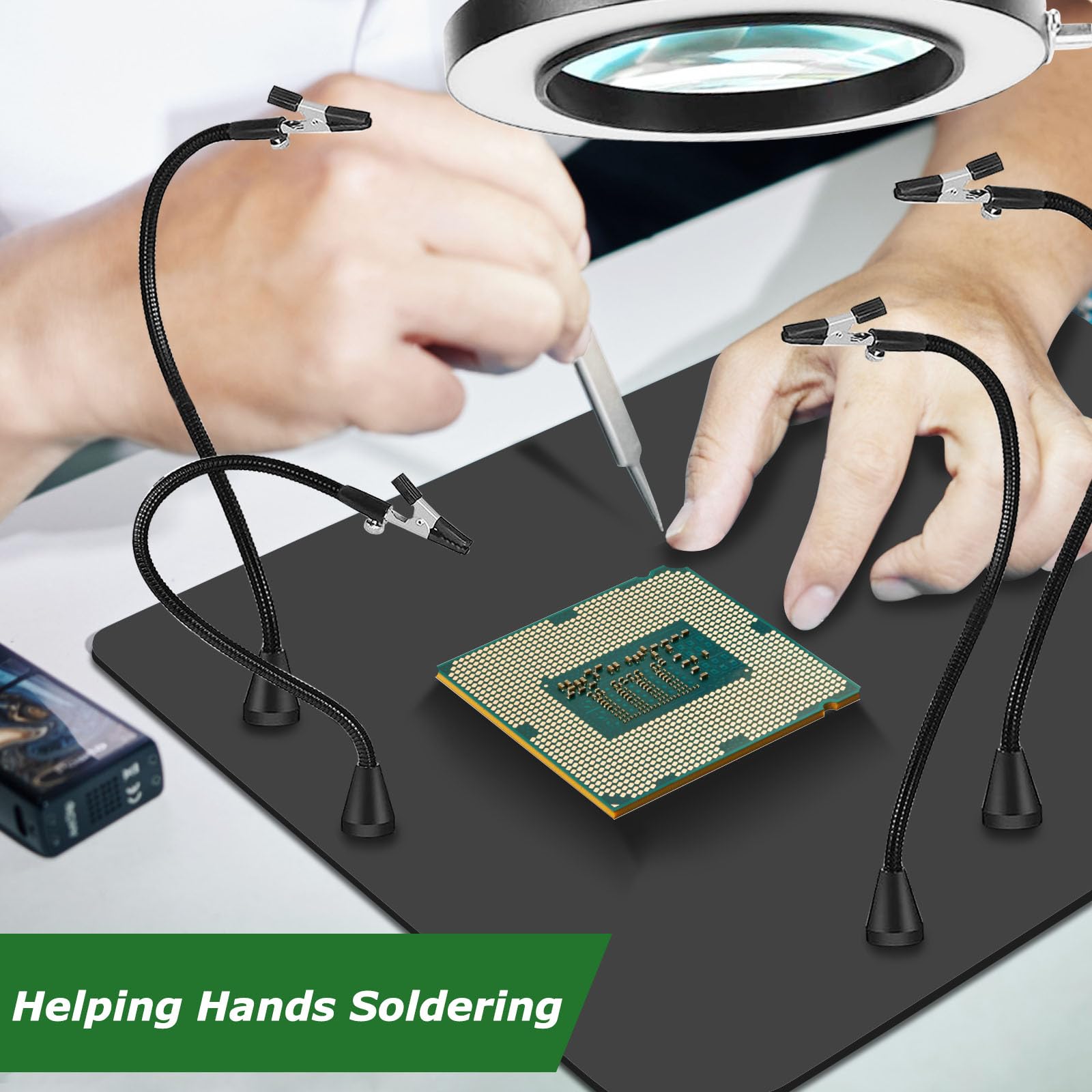 Saldatura terza mano, aiuto magnetico per saldatura, mano con 10 lenti di ingrandimento, stazione di saldatura con 4 colonne in PCB e 4 bracci flessibili, aiuto per saldatore, produttore di gioielli,