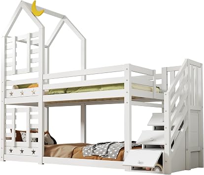 Treehouse Bunkbed Staircase Cupboard-Steps Underframe-Drawers Guardrail Loft-Lower Windowed-Playhouse Moon-Star Accents Solid-Pine Construction Slatted-Base No-Boxspring White,Single
