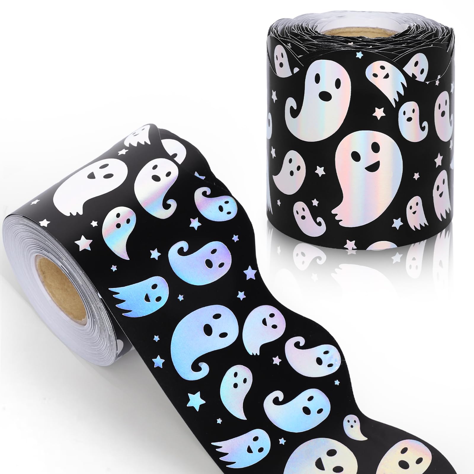 JarThenaAMCS 65.6 Ft Halloween Bulletin Board Border Iridescent Black Boo Ghost Die Cut Trim Border Roll For Classroom Chalkboard Window Decor