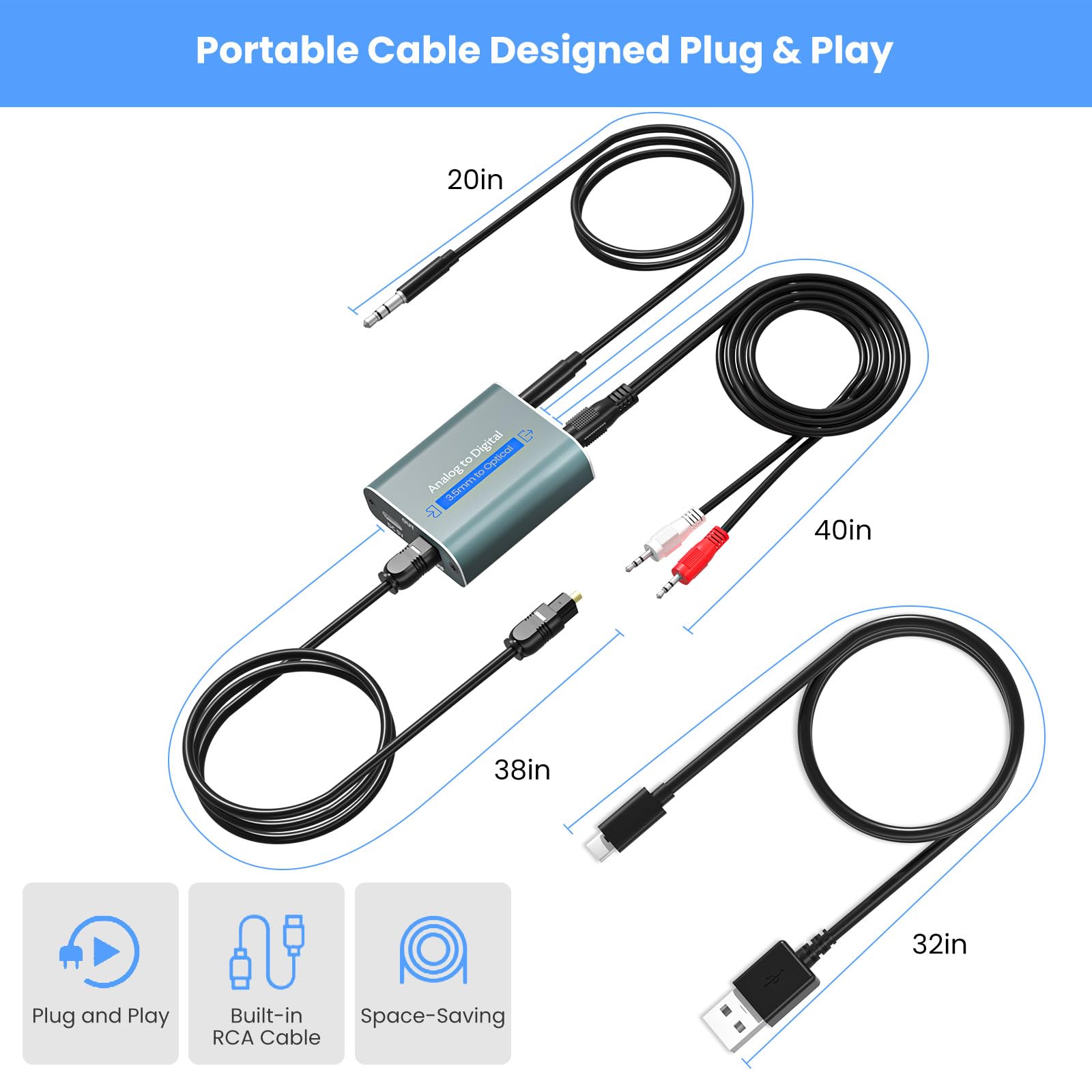 AMANKA Convertitore Audio Analogico a Digitale con Cavo Ottico Conversore RCA a Toslink SPDIF doppio Jack da 3,5 mm per PS3, PS4, HDTV, Blu-ray