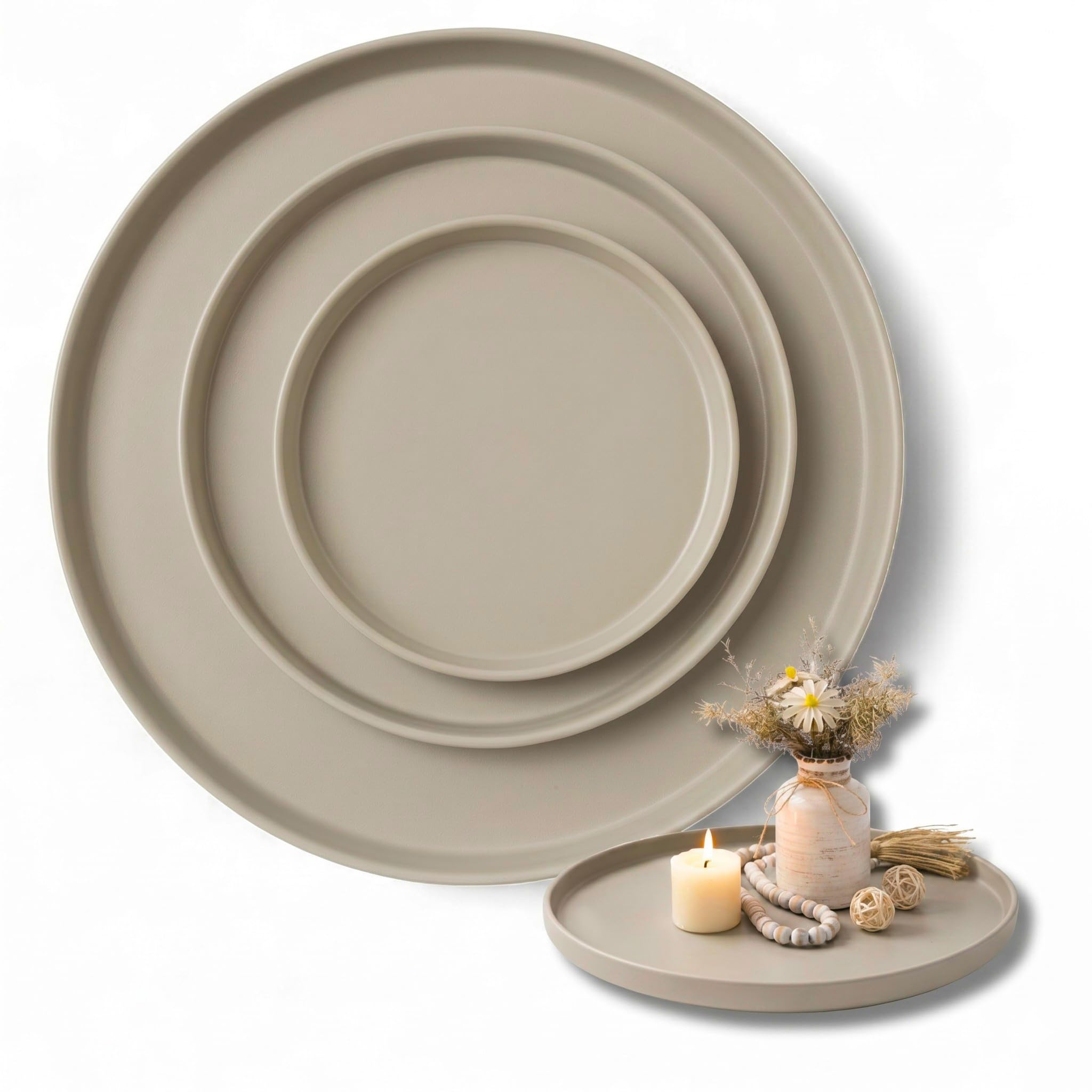 LIVLIG Deko Tablett Set, Serviertablett rund (25 cm, 30 cm, 40 cm), Beige | Dekotablett für Adventskranz, Kerzentablett & Dekotablett, Made in Europa - Stilvolles Tablett rund