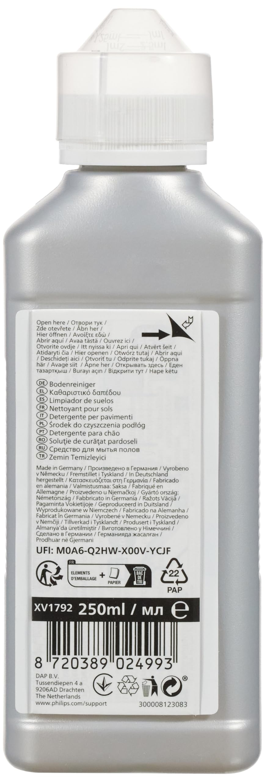 Philips Bodenreiniger für Hartböden – Für Laminat, Fliesen & Holz, Haustier- und Familienfreundlich, Kompatibel mit SpeedPro & AquaTrio, Dosierkappe Inklusive, 250 ml für 25 Anwendungen (XV1792/01)