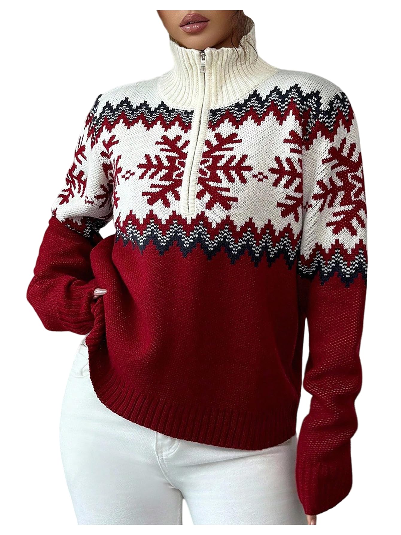 MakeMeChic Womens Winter Elegant Pullover Sweater Long Sleeve High Neck Half Zip Graphic Knit Tops