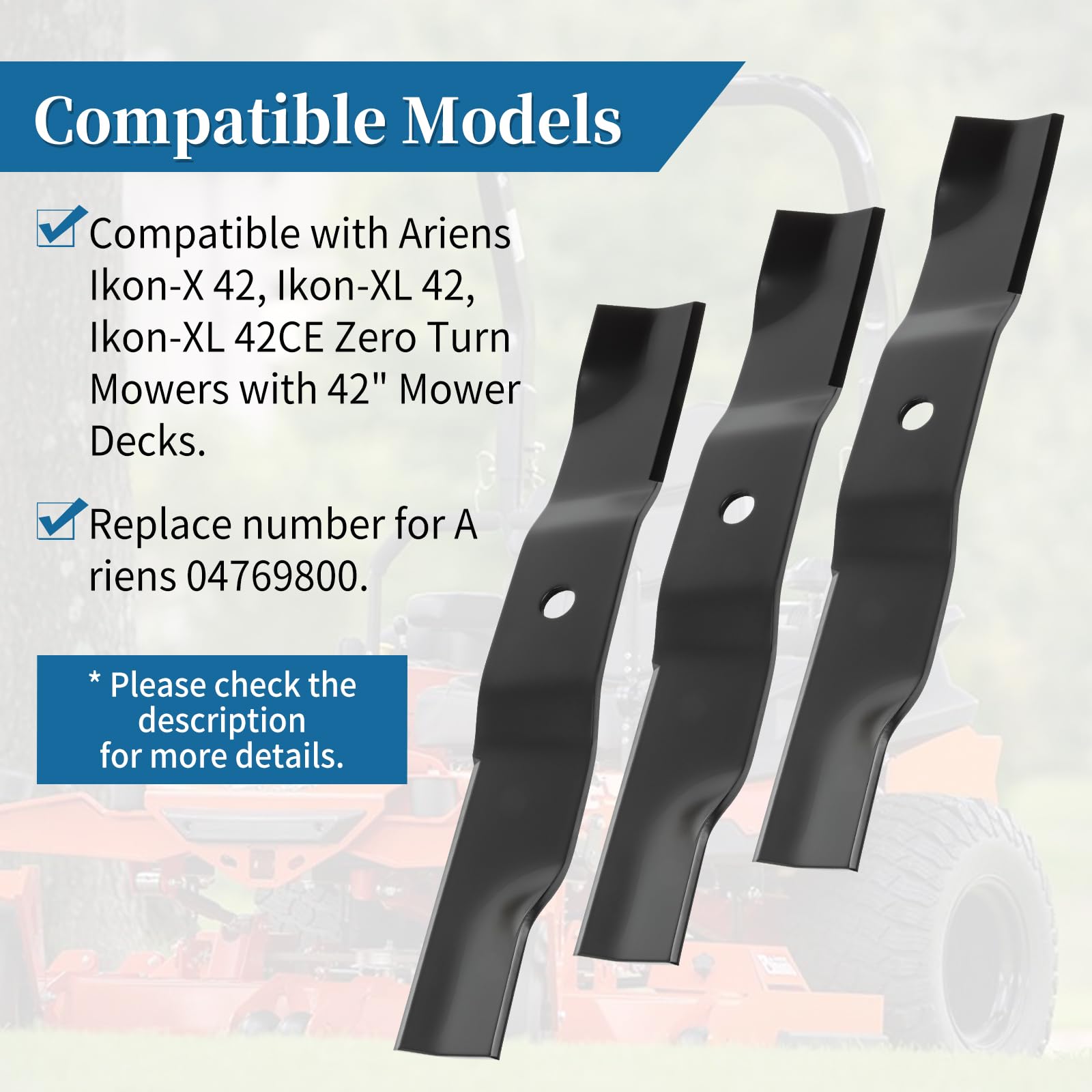 Cuchillas de repuesto 04769800 compatibles con cubiertas de cortacésped Ariens de 42 pulgadas, hoja de cortacésped de elevación media para cortacésped Ikon-X42, Ikon-XL42CE, ZT XL 42 ZTX 42