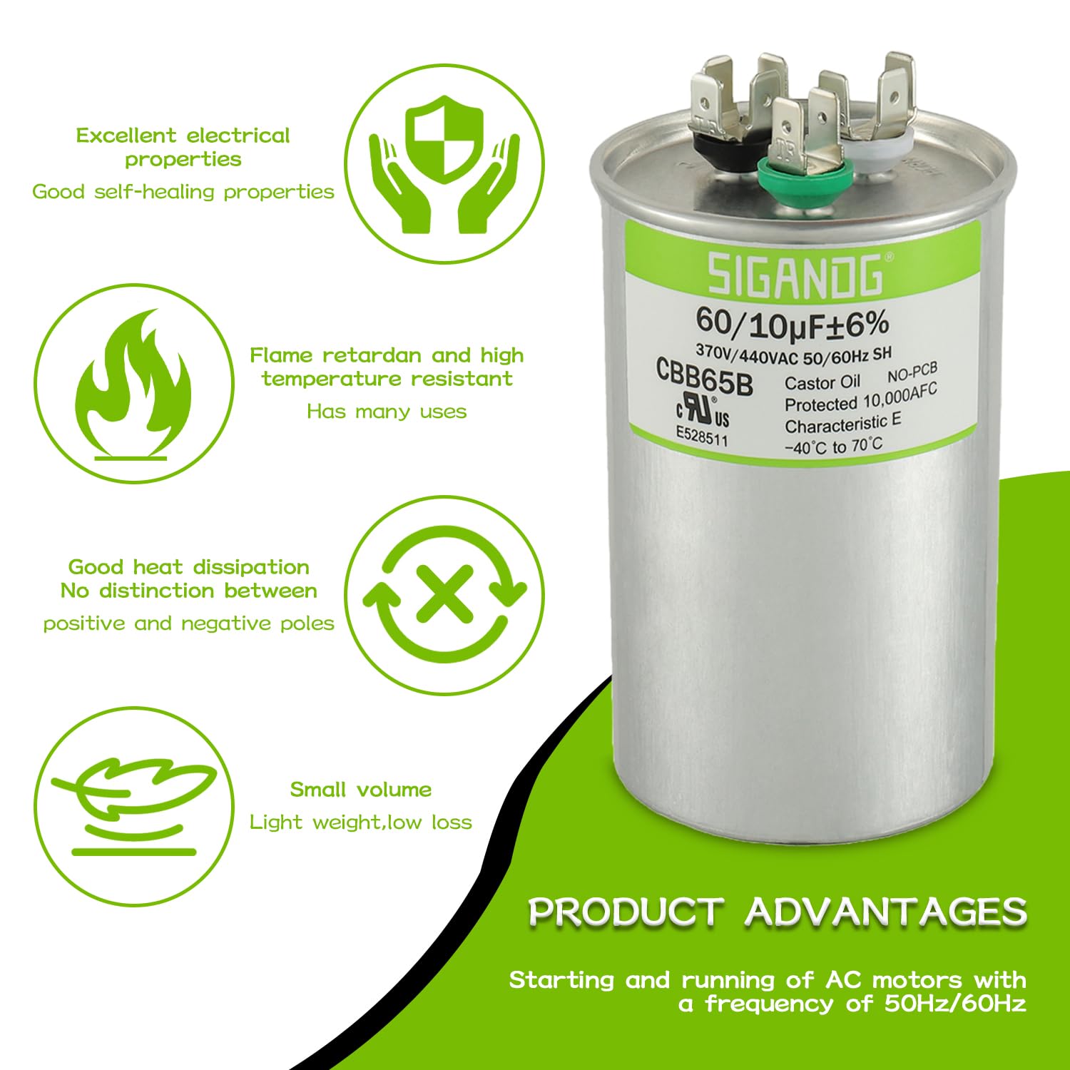 60/10 uF 60+10 MFD 370V or 440V CBB65 Dual Run Start Round Capacitor 60 10 uF MFD 370 440 Volt VAC for Condenser Straight Cool or Heat Pump Air Conditioner