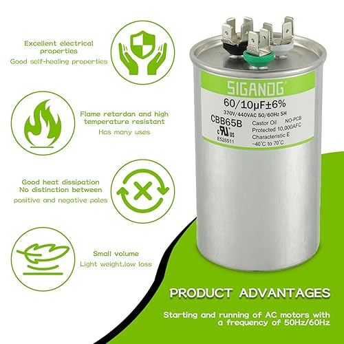 Miniatura 10 de SIGANDG 80+5 MFD 805 uF 370 o 440 voltios CBB65B Condensador para funcionamiento del motor de CA, condensador recto frío, bomba de calor, aire