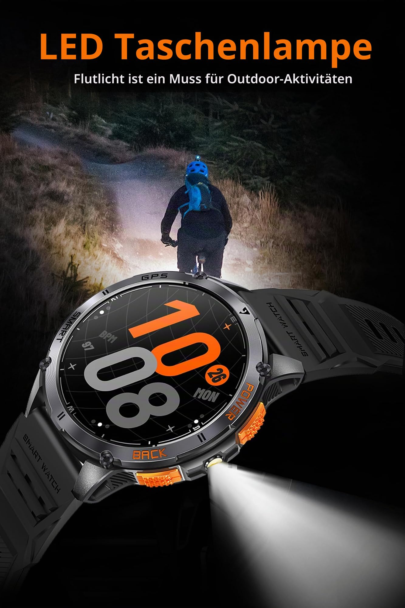 GPS Smartwatch Herren Militär Sportuhr mit Kompass Höhenmessr Barometer Fitnessuhr Herzfrequenz Blutdruck Fitnesstracker Schrittzähler Outdoor Laufuhr LED Taschenlampe Tactical Watch Telefonfunktion