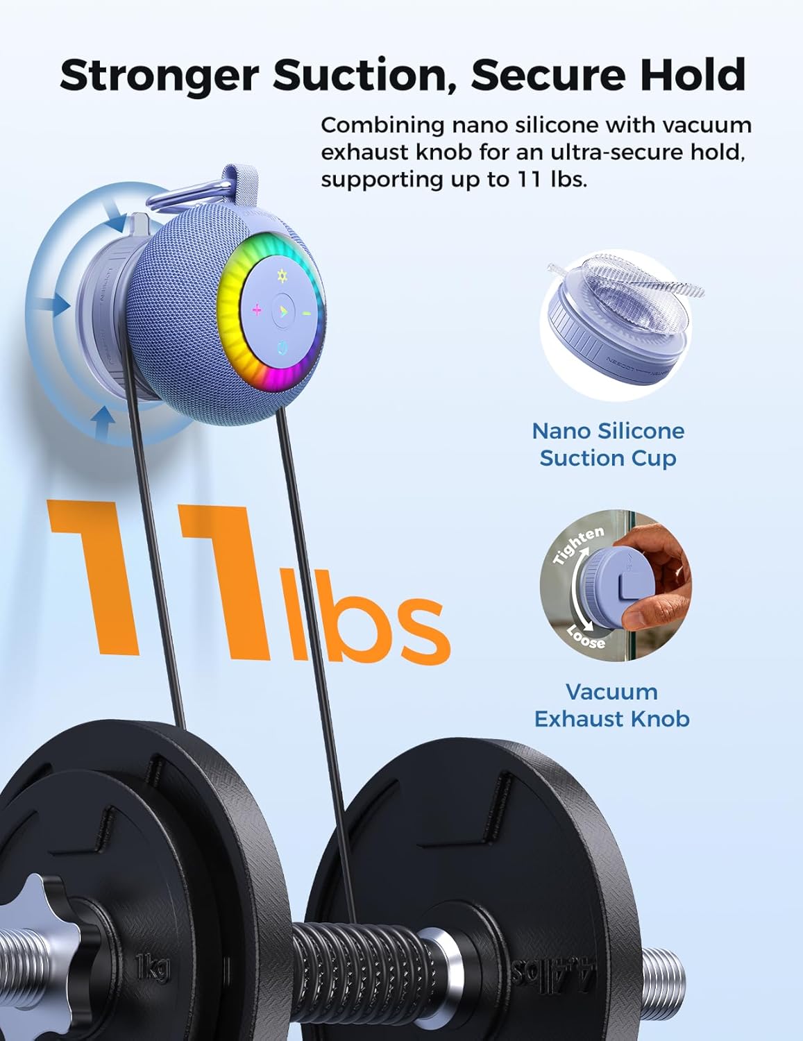 Shower Speaker Bluetooth Waterproof Portable: 360° Surround Sound, IPX7 Suction Cup Removable with Vacuum Exhaust Knob, 2 IN1, RGB Lights, BT5.4, TWS, Pool/Beach/Kayak, Gifts for Adults Teens-Blue