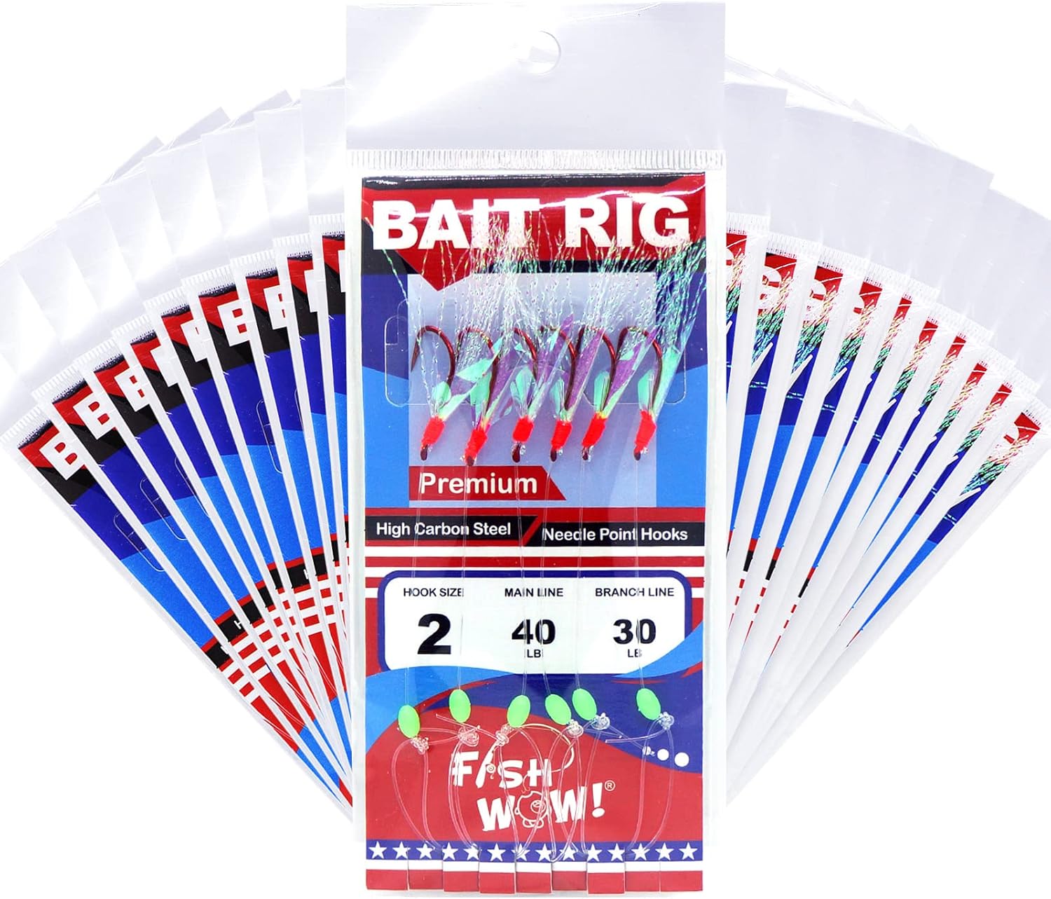 20 Packs Fish WOW! Size 2 Fishing Red Hook Bait Rigs with Mylar Fish-Skin, Luminous Beads and Ball Barrel Bearing Swivel Premium Piscatore Bait