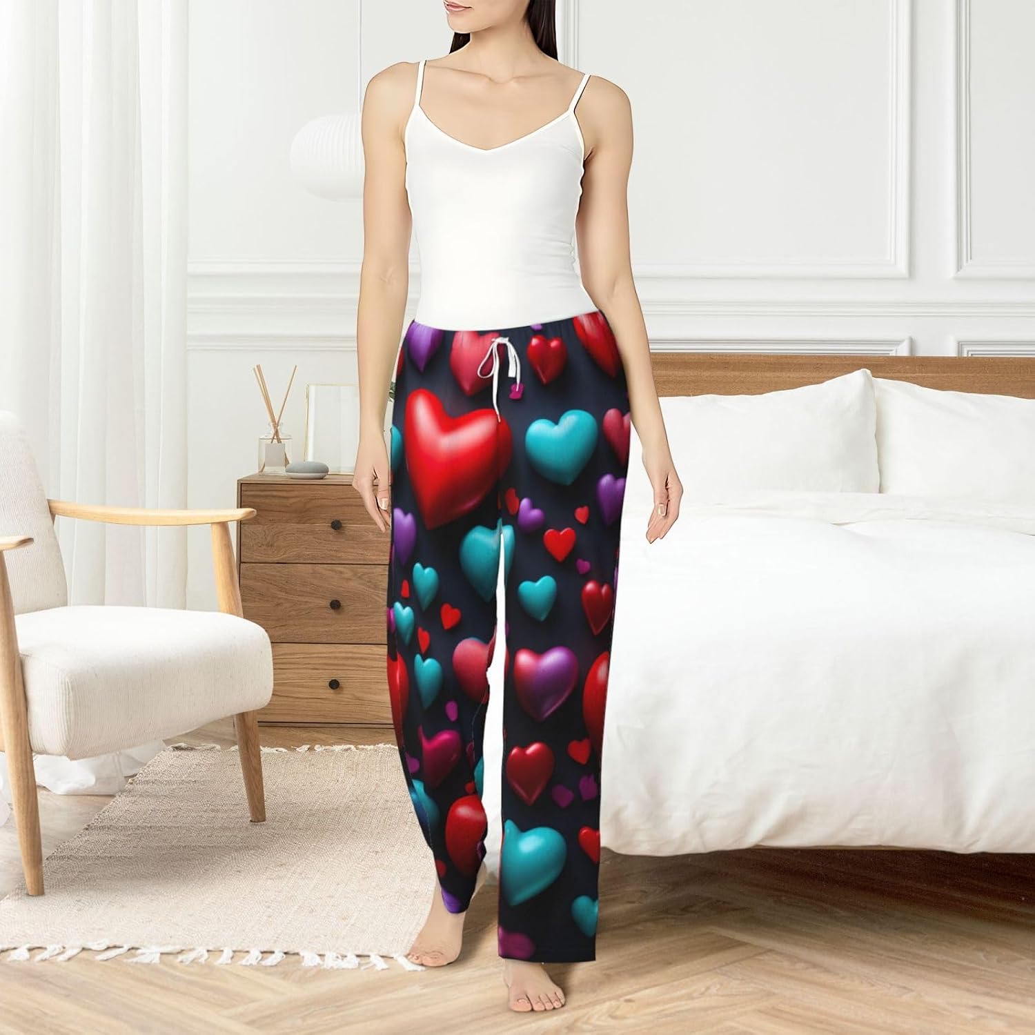 Romantic Reds Heart Print Cozy Flannel Pajama Pants For Women,Warm Christmas Pj Pants,Cute Fleece Pajamas