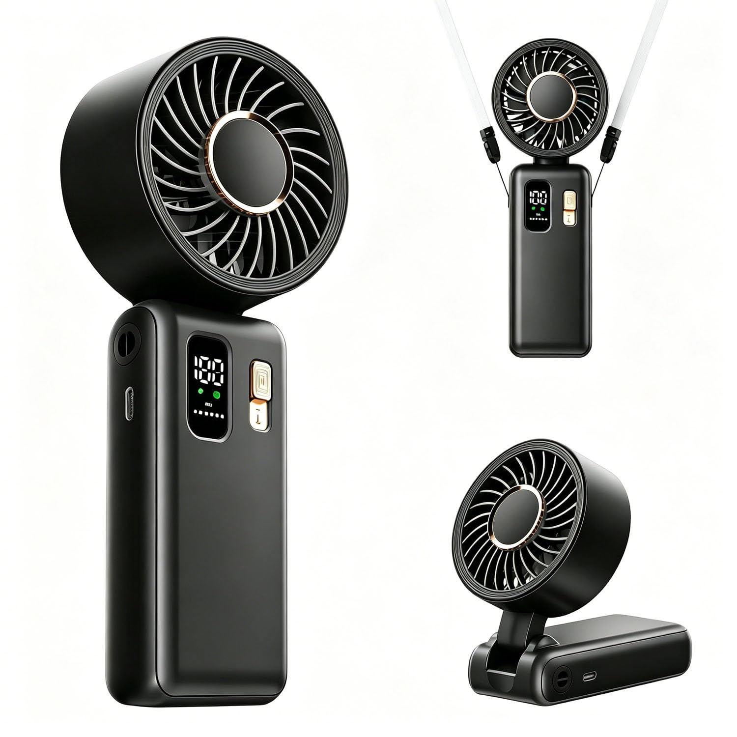Ventilador de mano, mini ventilador portatil USB 6000mAh recargable turbo ventilador con pantalla LCD, 1-100 velocidades ajustables ventilador de mesa 180° plegable para viajes, oficina, exterior