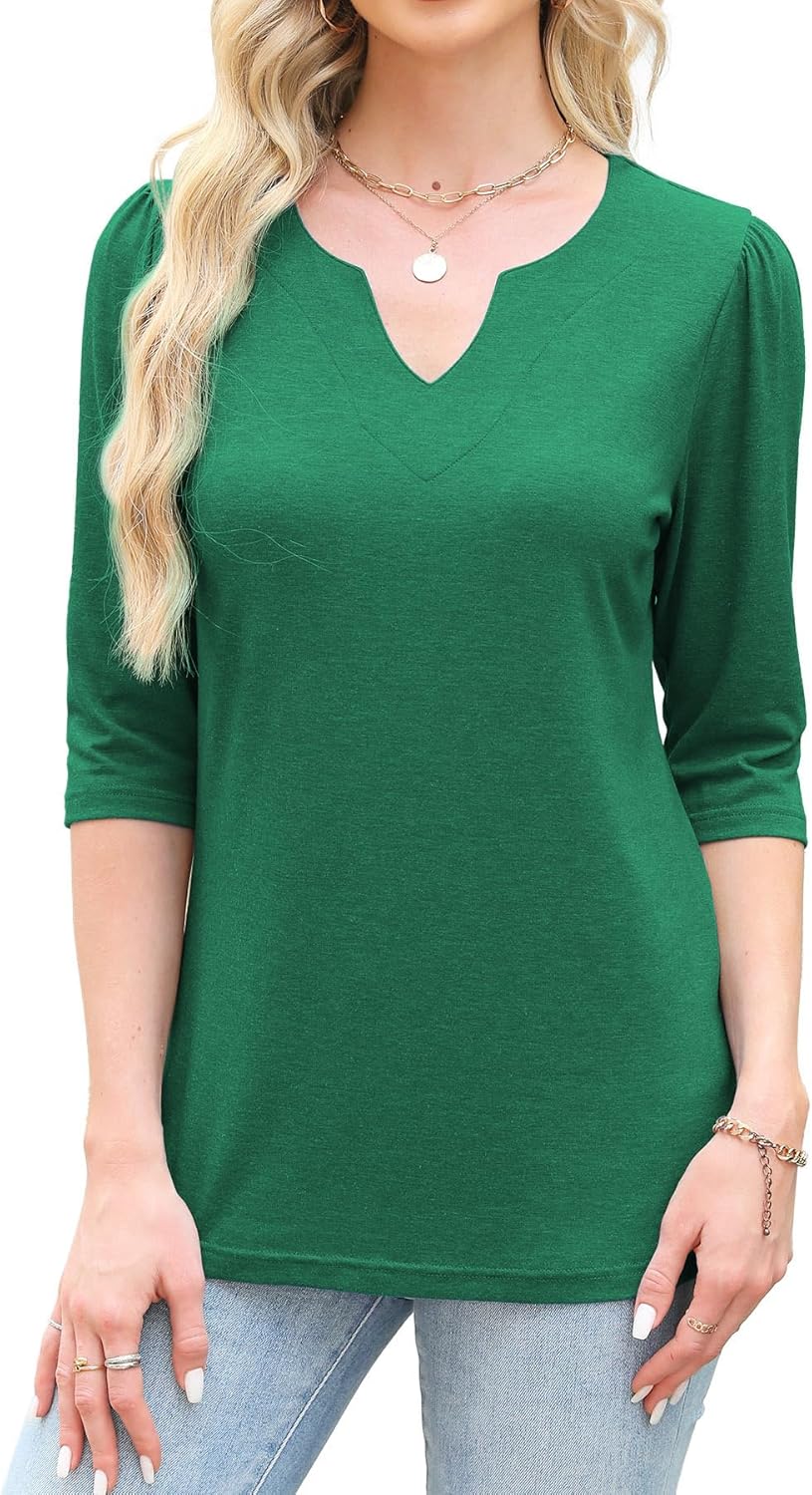 JomeDesign Womens Tops 3/4 Sleeve Shirts V Neck Loose Casual Blouses Solid Color Tshirts - Image 2