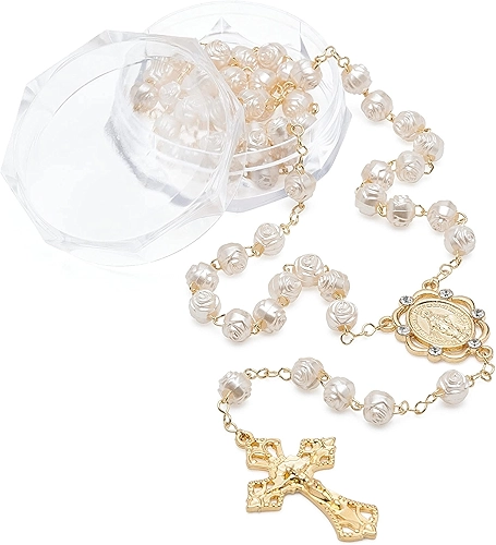 Terço Perola Botão De Rosa Dourada