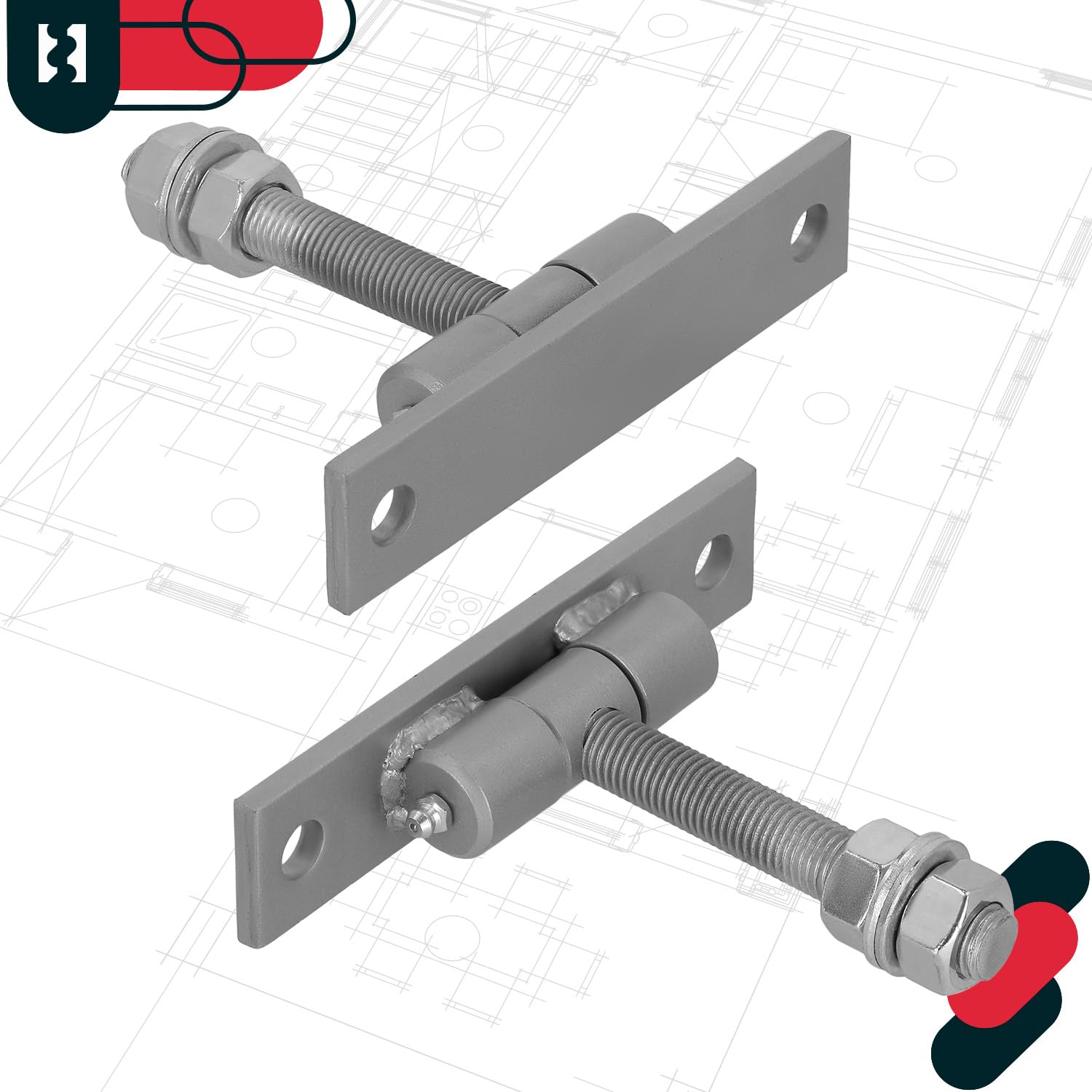 KOTARBAU® - Set di 2 cerniere per cancelli con piastra di montaggio e ugelli per grasso, regolabili, diametro 16 mm, per porte, cancelli, costruzione robusta