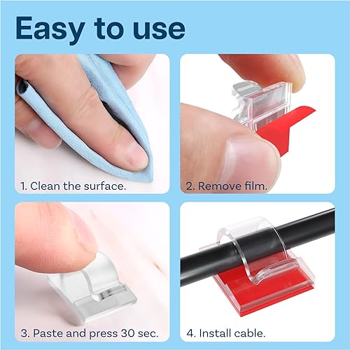 Miniatura 6 de MMOBIEL 120 clips autoadhesivos para cables, organizador de cables transparentes, organizador de cables para debajo del escritorio, pared,