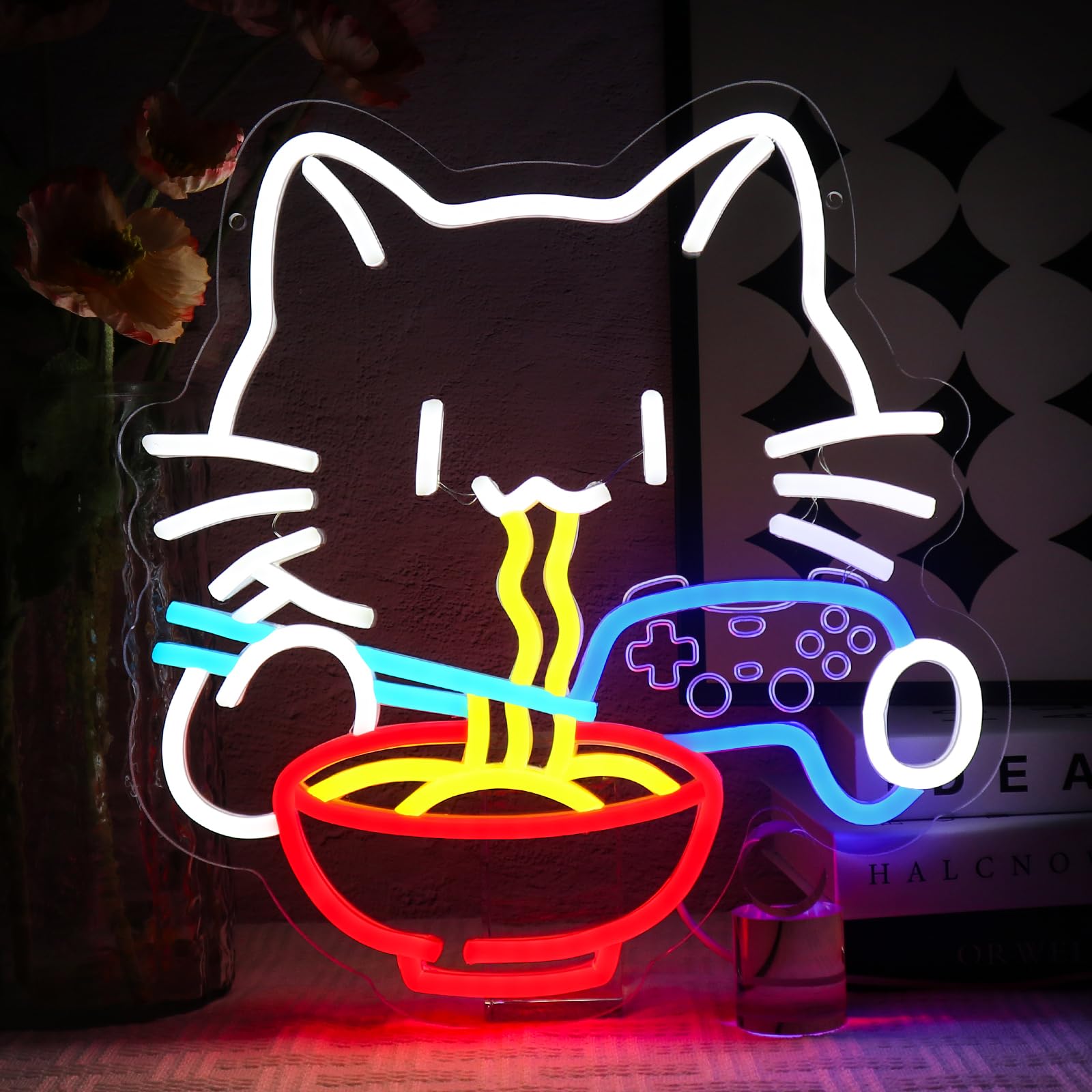 OYCGZV Ramen Cat Neon Sign for Wall Decor, Gaming Cat Neon Light, Dimmable USB Led Sign for Game Zone Bedroom Video Game Room Man Cave Birthday Party, Gift for Gamer Man Friends
