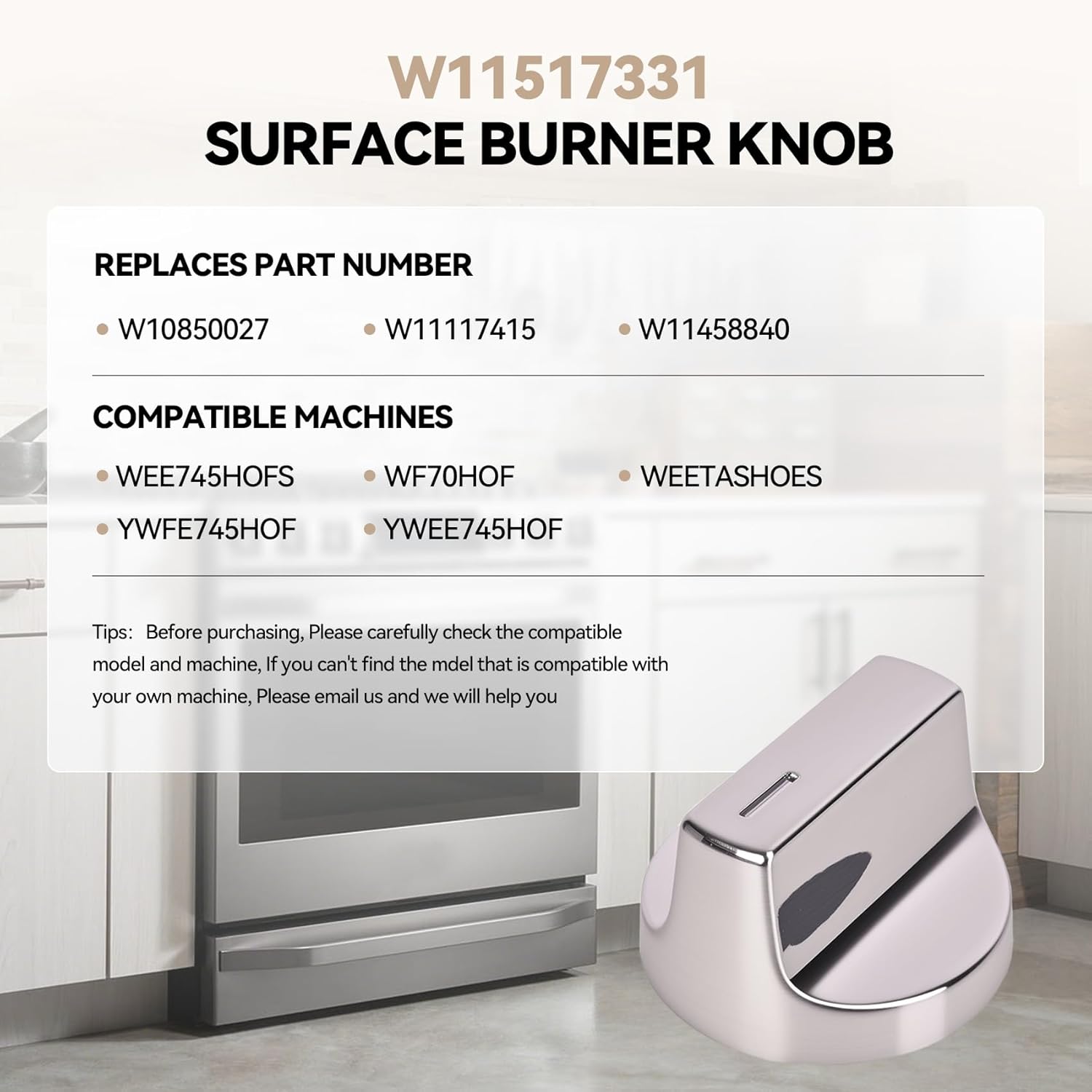 W11517331 for Whirlpool Electric Range Knobs,Replace w10850027-40 knob W11117415 W11458840 Oven/Electric Range Knob, Compatible with Whirlpool WEC310S0LS1, WEE515S0LZ1, WEC310S0LS2, WEE515S0LS1(4pcs)