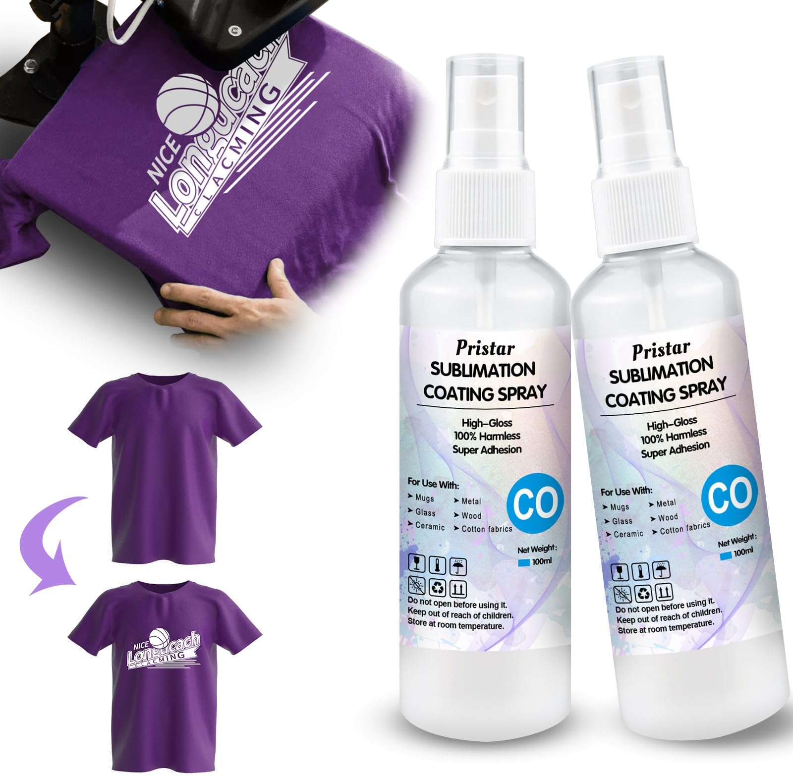 Pristar Sublimation Coating Spray for Cotton Blends and All Fabric Including Shirts, Polyester, Carton, Canvas, Tote Bag, with High Gloss Finish and Quick Dry Formula, No Mixing Required, 2-Pack