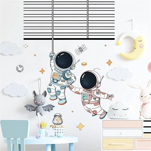 Miniatura 2 de Calcomanías de pared de vuelo de astronauta espacial, sacinora lindos amantes creativos, calcomanías de pared cósmicas, vinilo extraíble para niños,