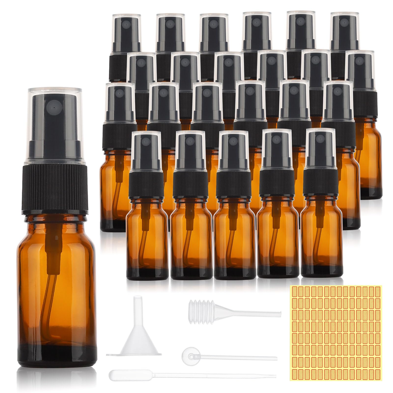 Sprühflasche, bernsteinfarbenes Glas, Reisezerstäuber für Parfüm, ätherische Öle, TSA-zugelassen, nachfüllbar, kleiner Sprüher mit Etiketten und Dosierwerkzeugen, 24 Stück